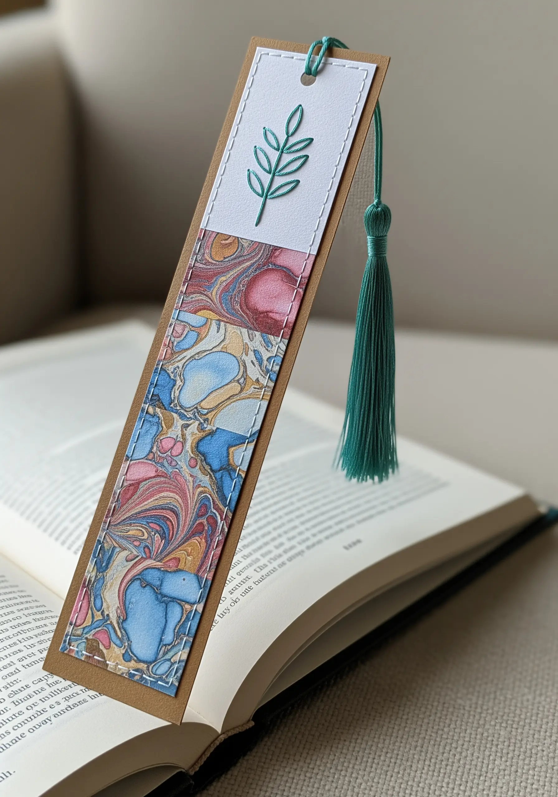 A handmade bookmark featuring marbled paper and a simple embroidered leaf sprig.