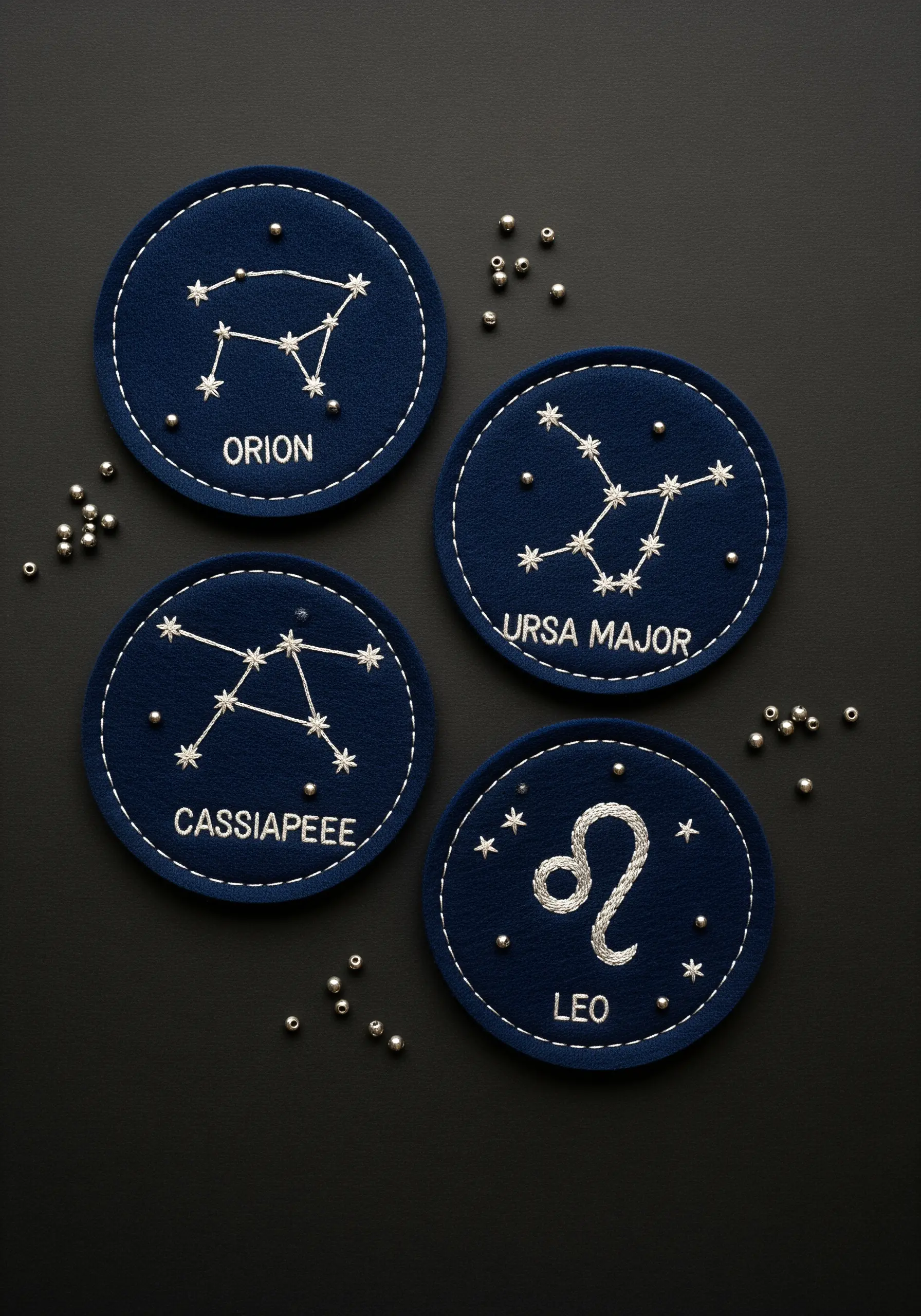 A set of four navy blue coasters embroidered with celestial constellations and silver beads.