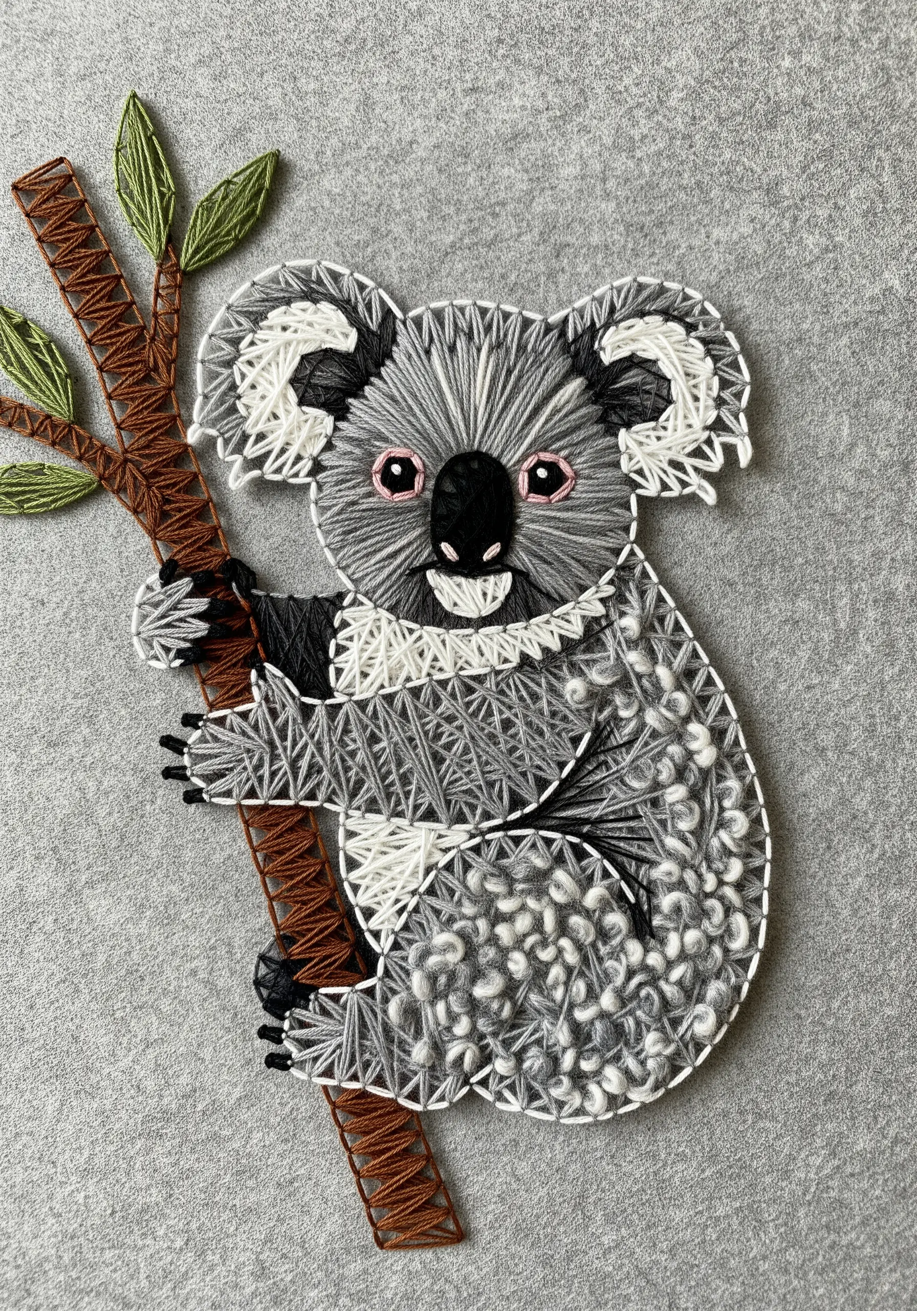 Charming string art koala combining smooth and looped stitches for varied texture, holding a branch.