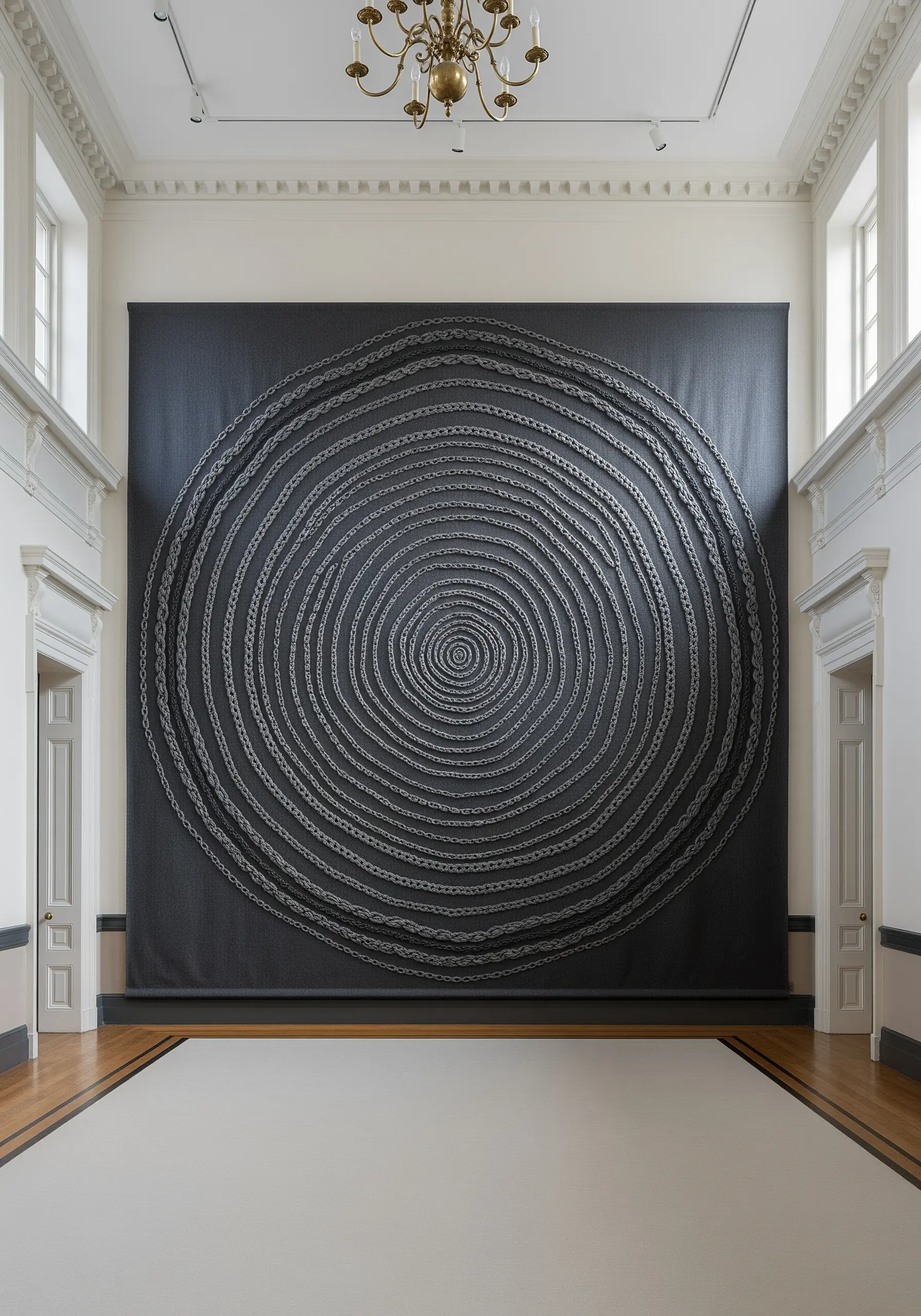 A massive black canvas in a gallery with concentric circles made from thick grey cording.