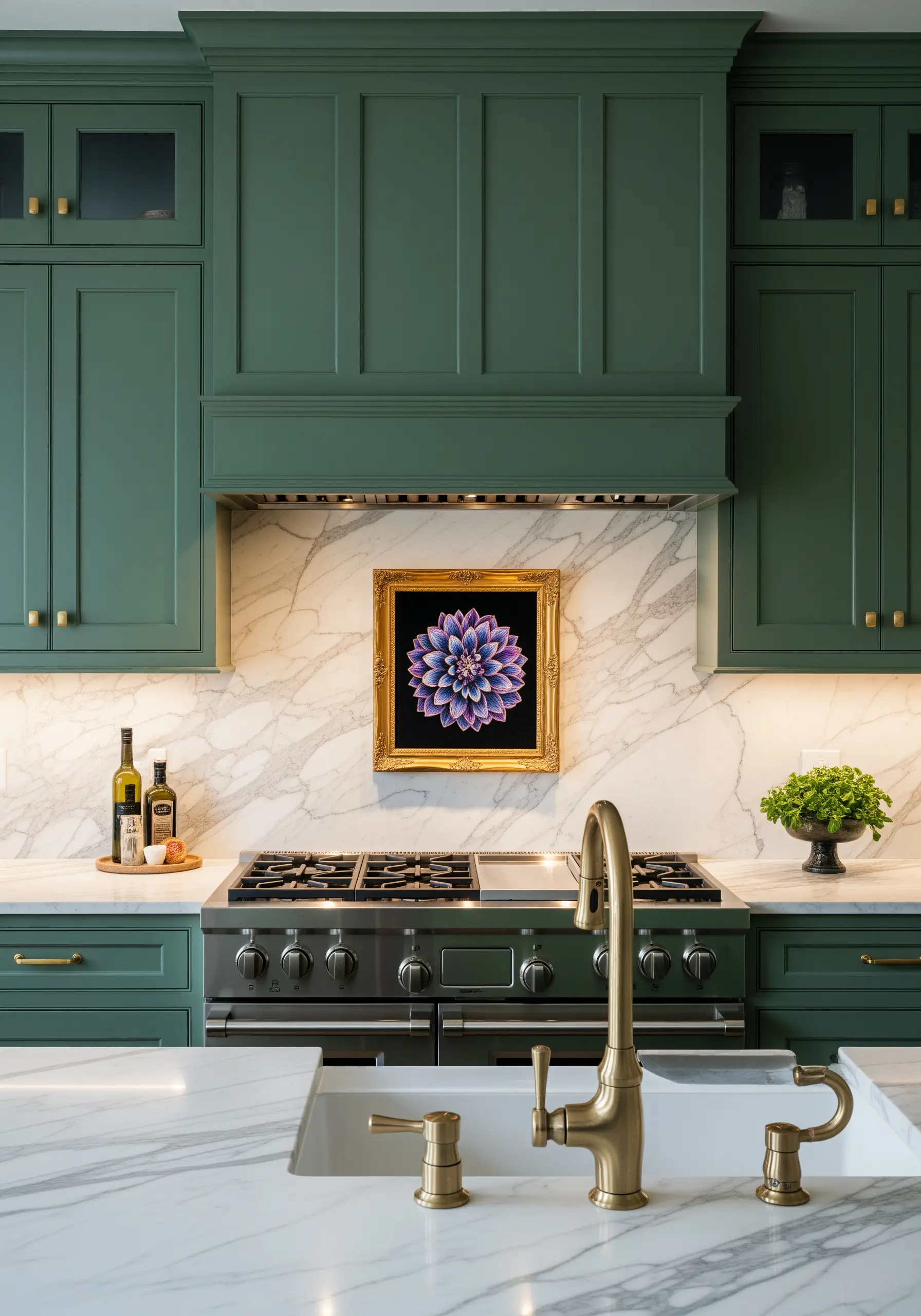 A large, ornate-framed embroidery of a luminous dahlia on a marble kitchen backsplash.