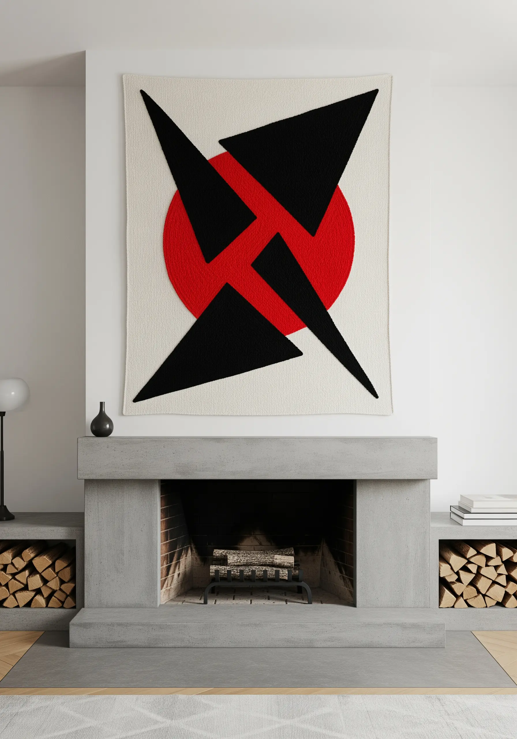 A large, bold wall hanging with black triangles overlapping a red circle on a white background.