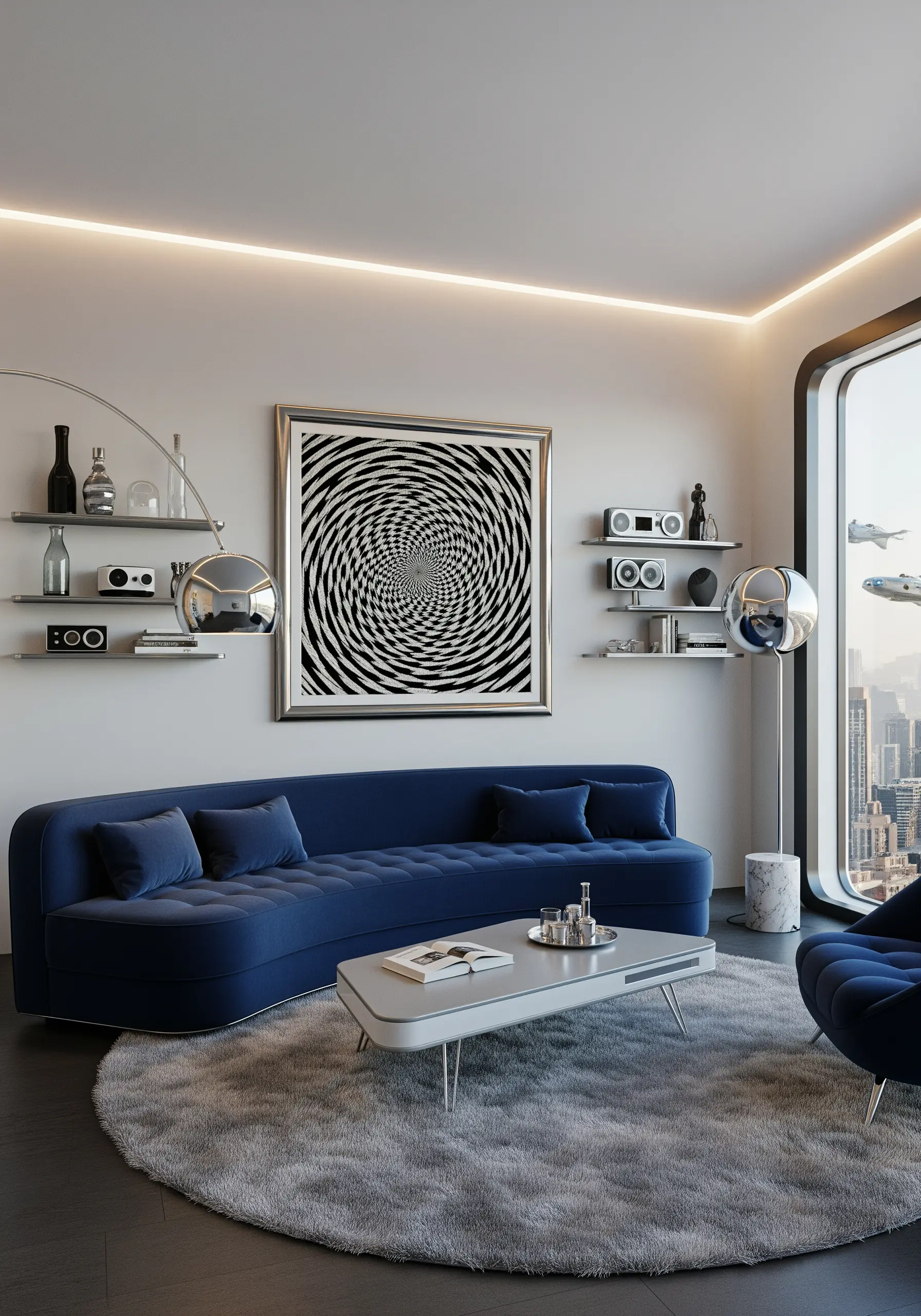 A framed black-and-white embroidery of a swirling optical illusion vortex.