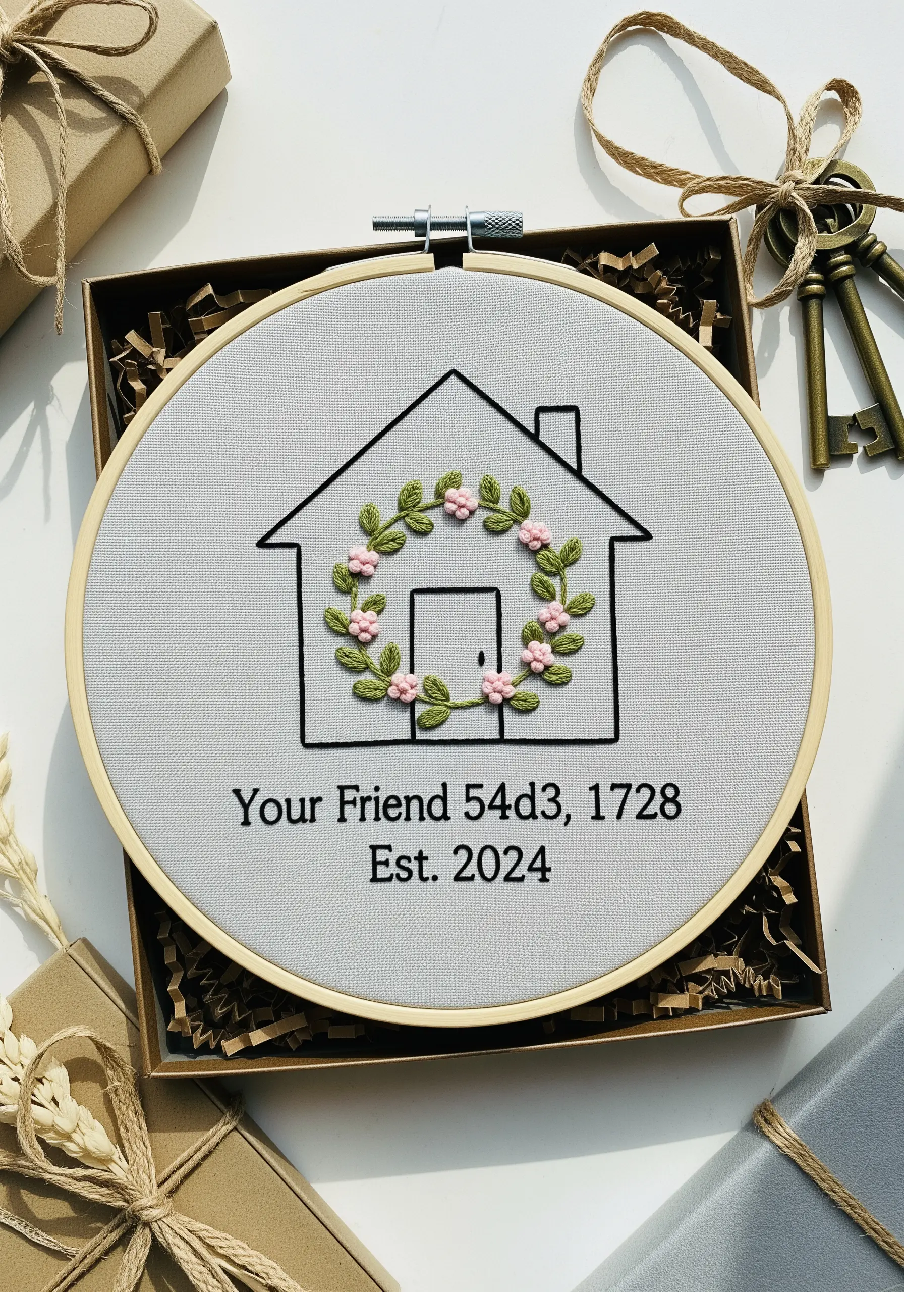 An embroidery hoop with a line-art house, a pink floral wreath, and personalized text.