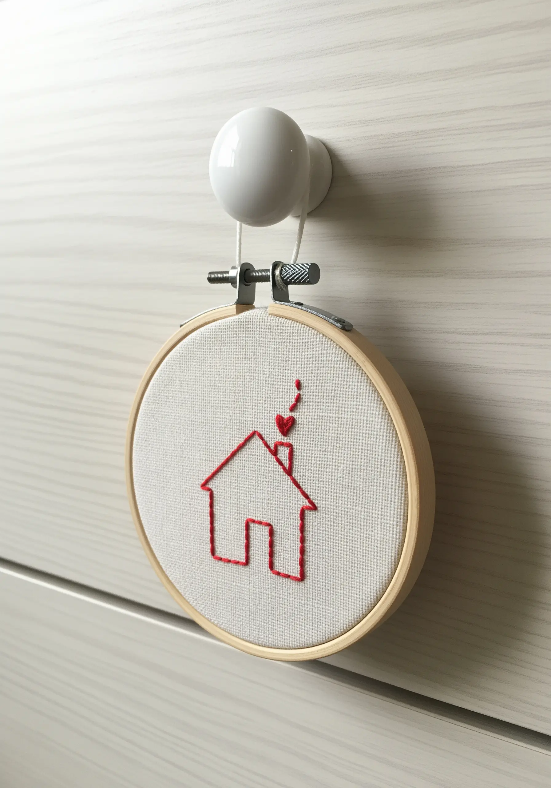 A simple red outline of a house with a heart coming out of the chimney.