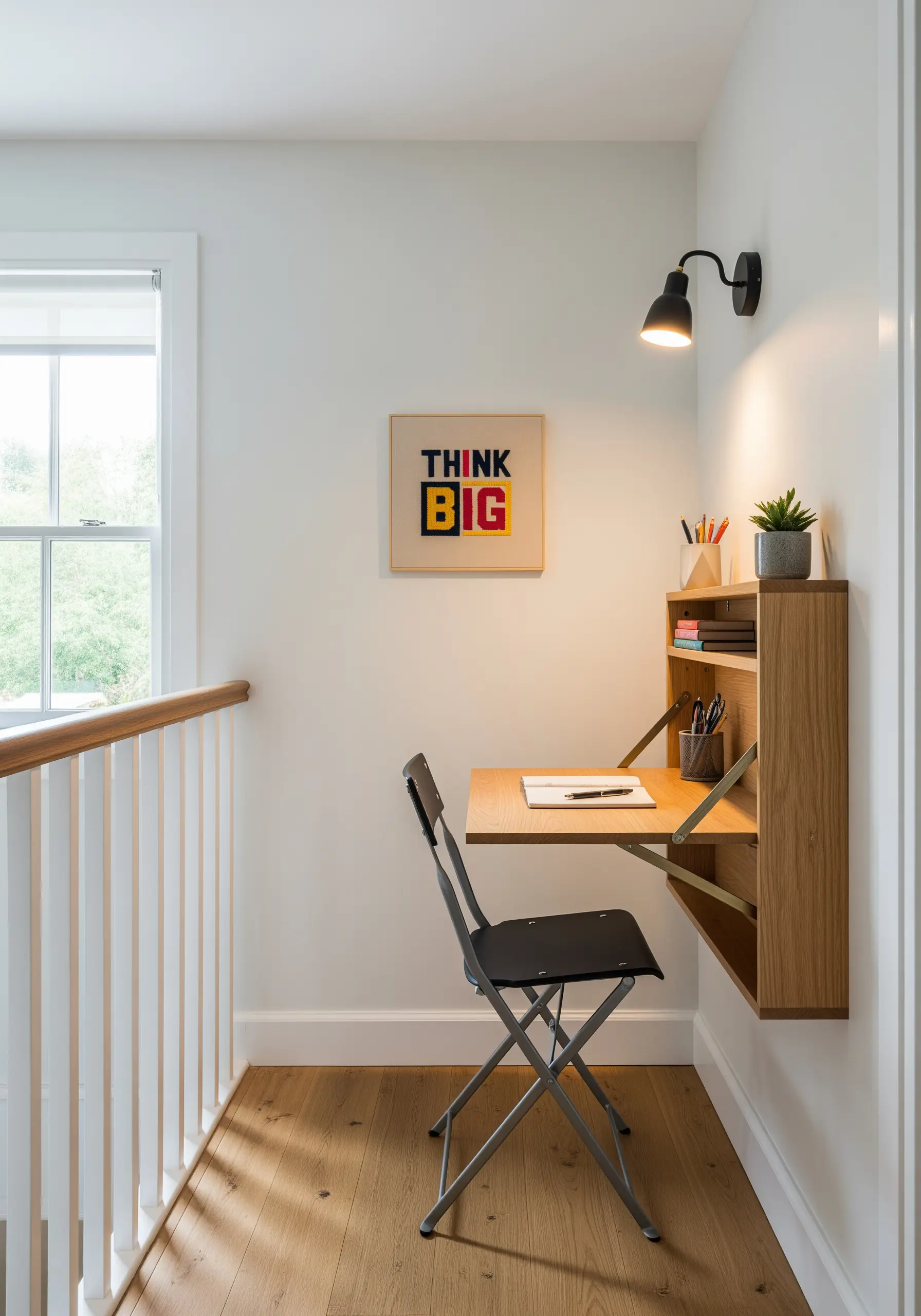 A 'Think Big' quote embroidered in bold, colorful block letters in a light wood frame.
