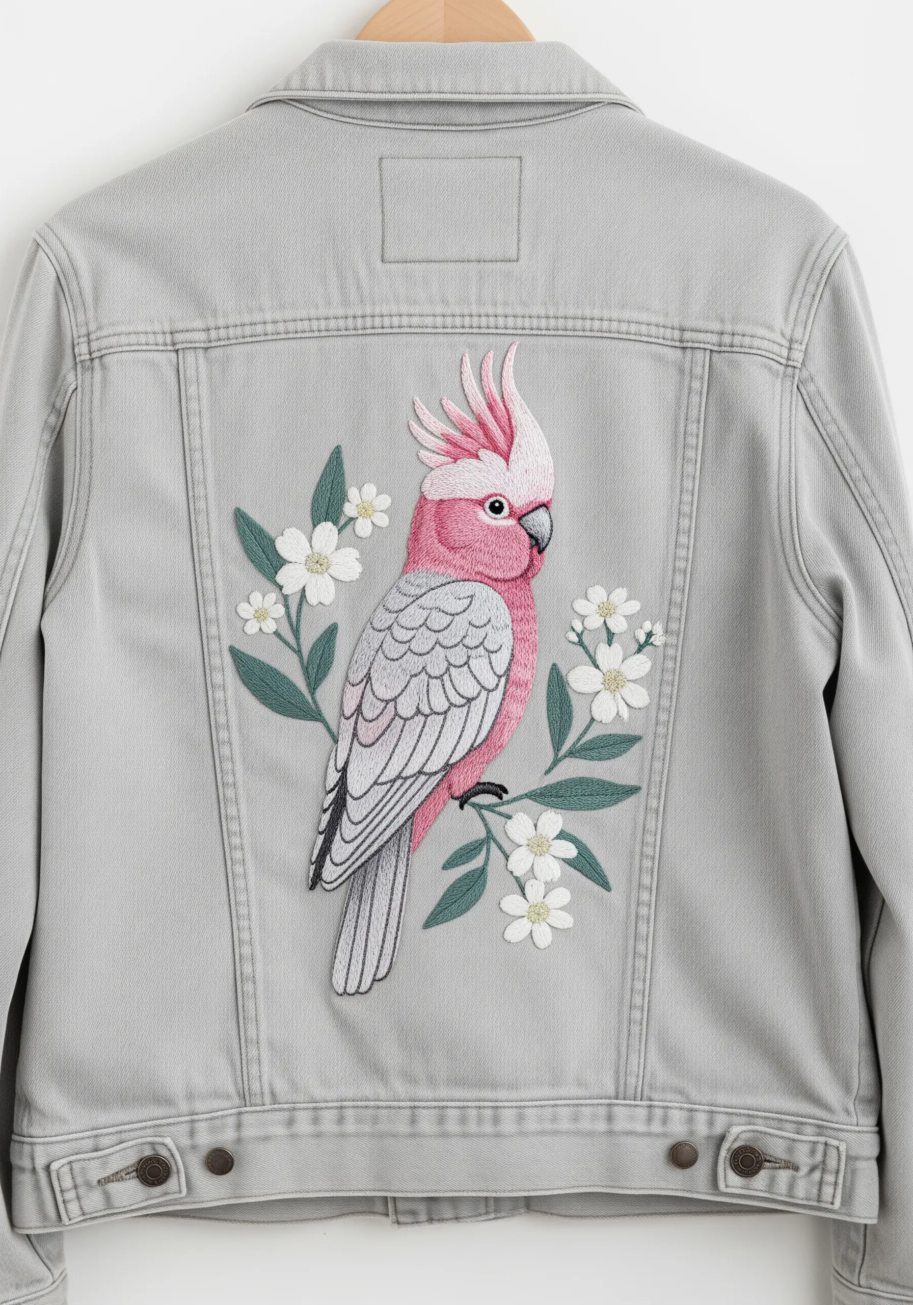 A pink and grey Galah cockatoo embroidered on the back of a light grey denim jacket.