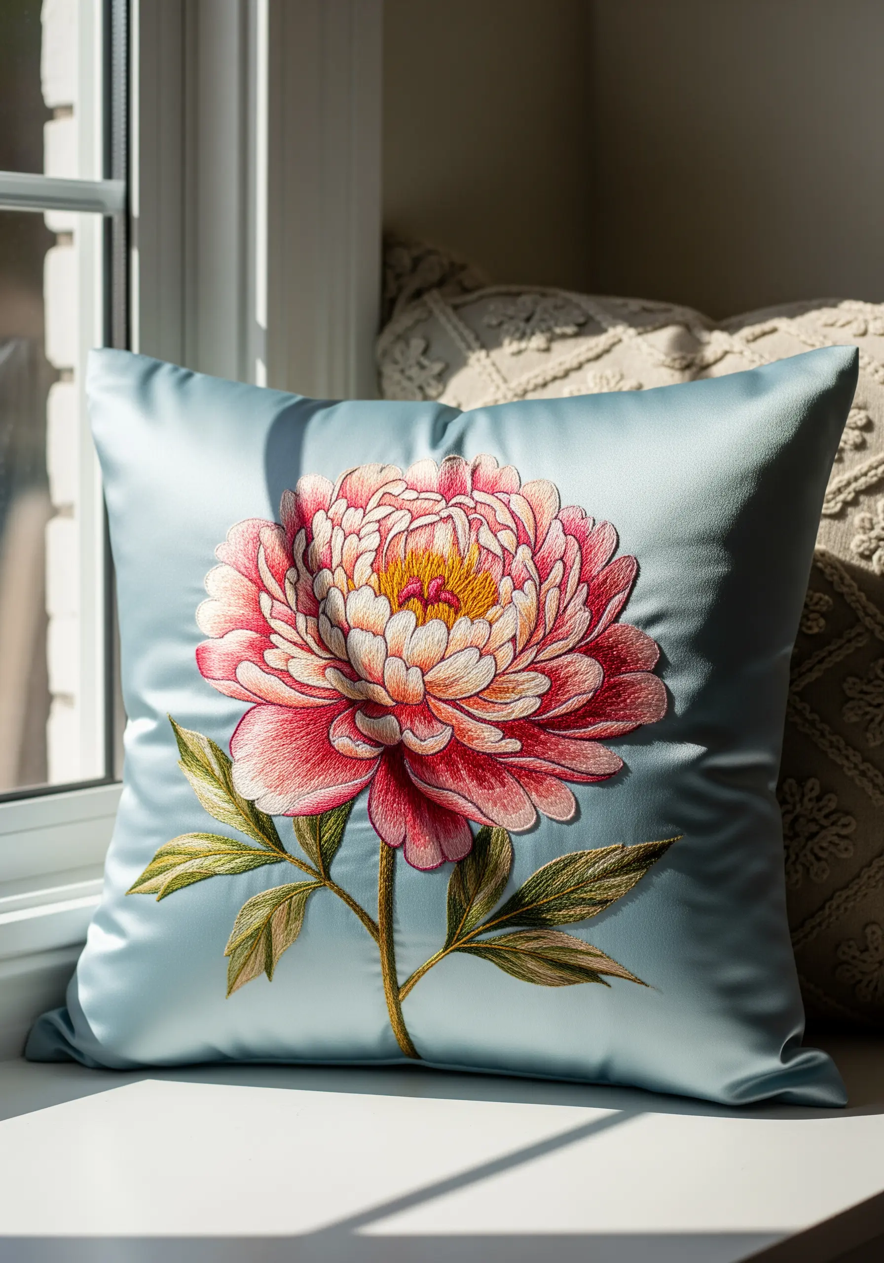 A realistic pink and white peony embroidered on a light blue silk pillow.