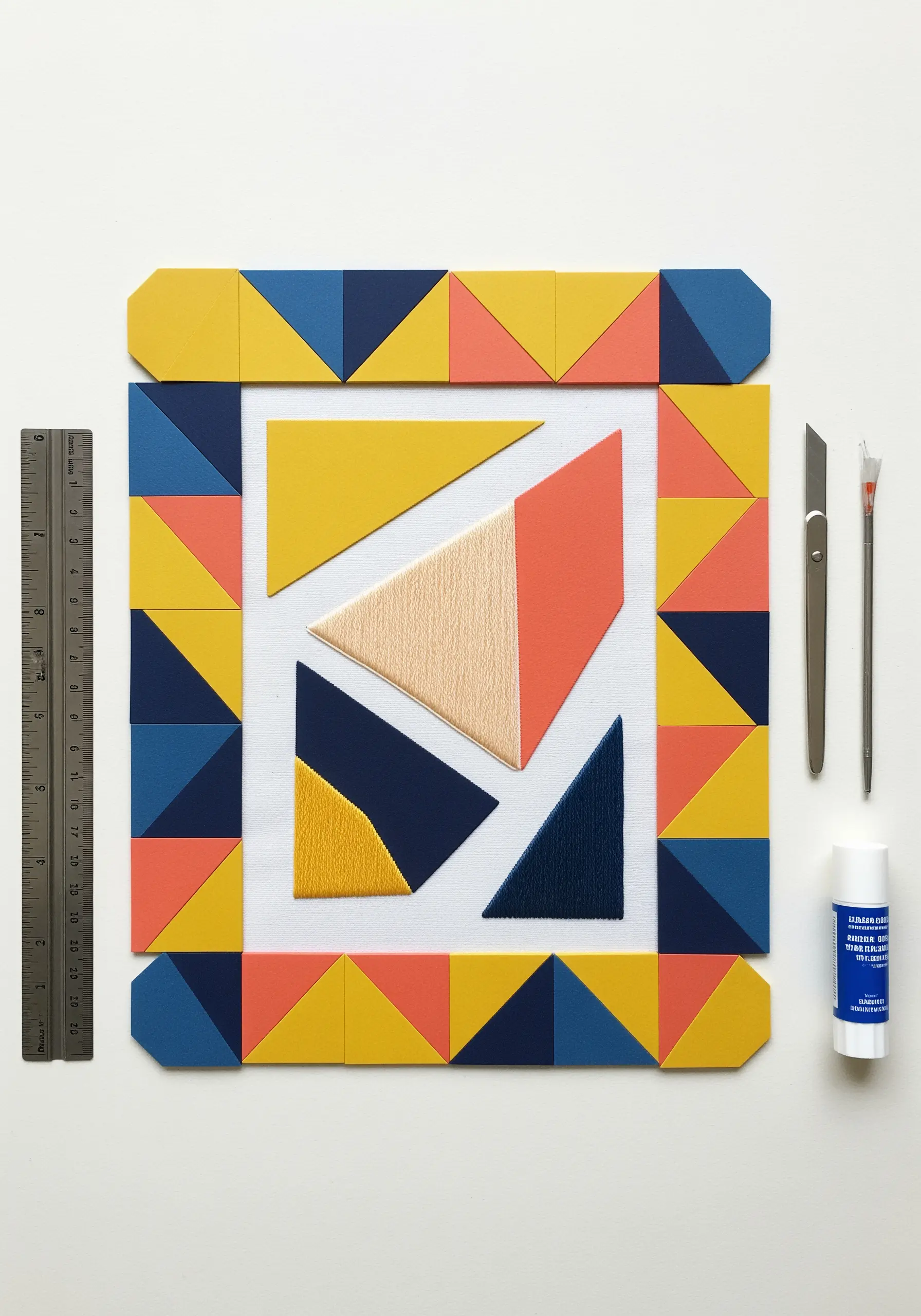 Abstract geometric embroidery combined with colorful, precisely cut paper shapes.