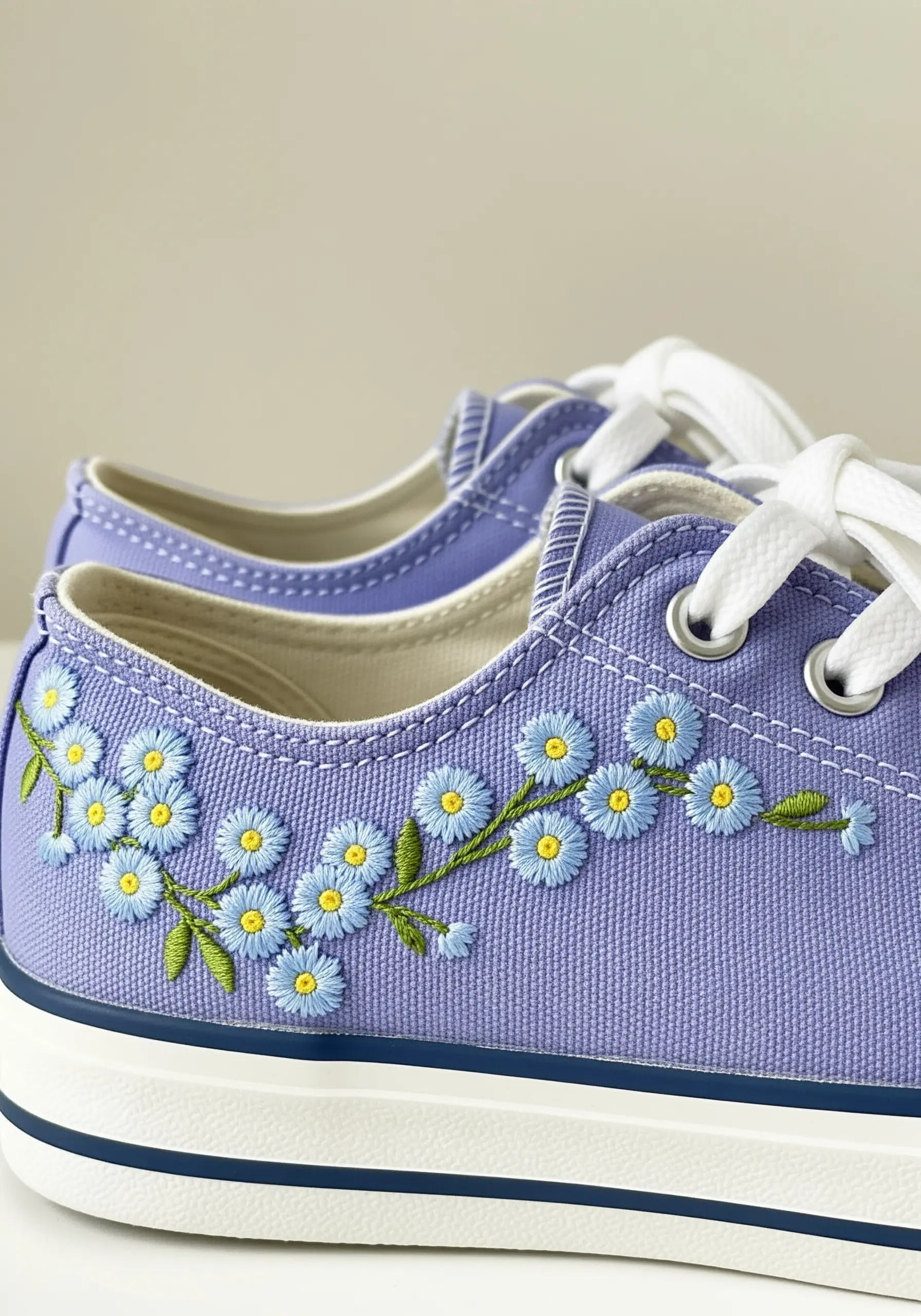 A vine of blue and yellow forget-me-nots embroidered on light purple canvas sneakers.