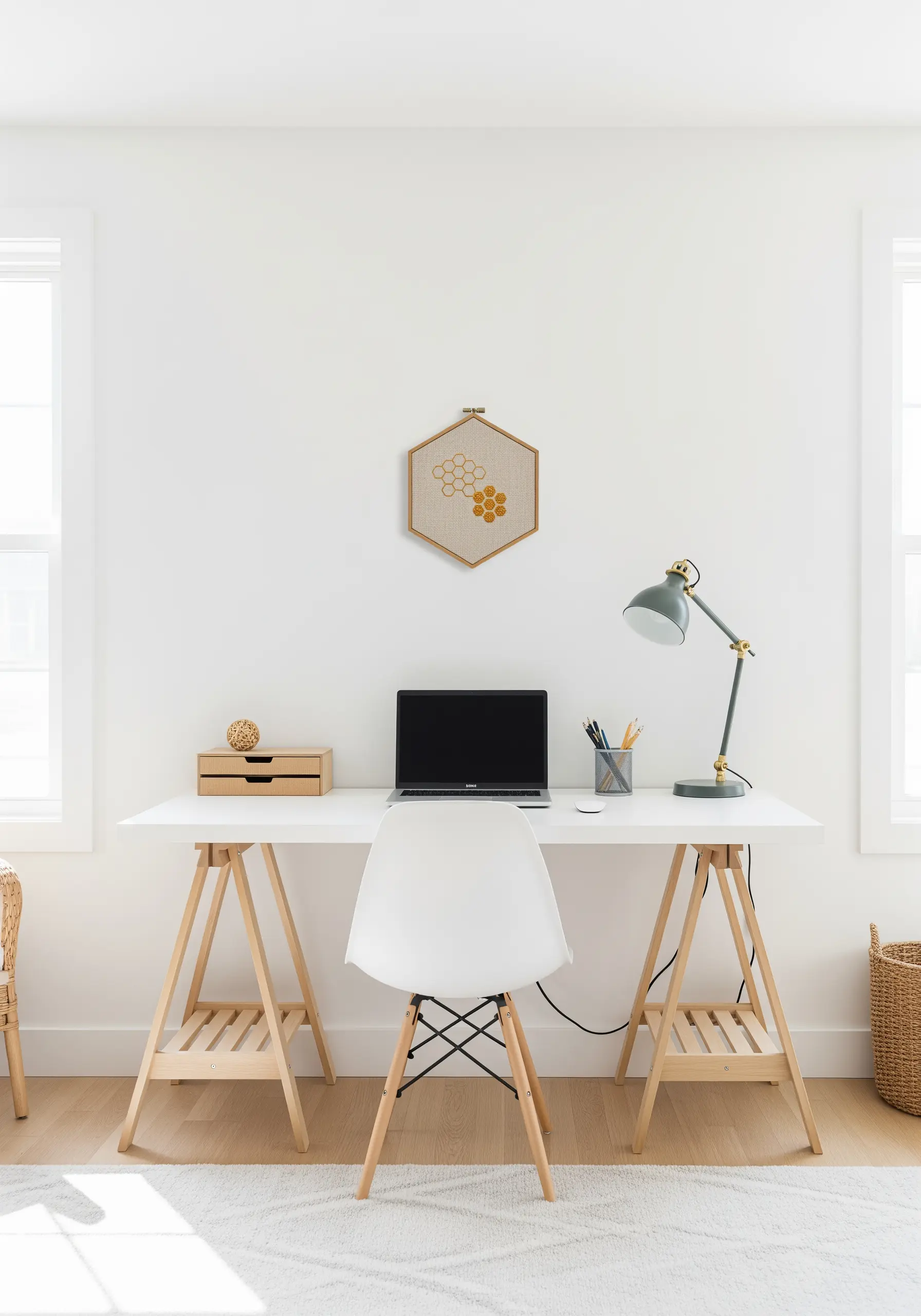 Honeycomb pattern embroidered in a hexagonal hoop hanging above a desk.