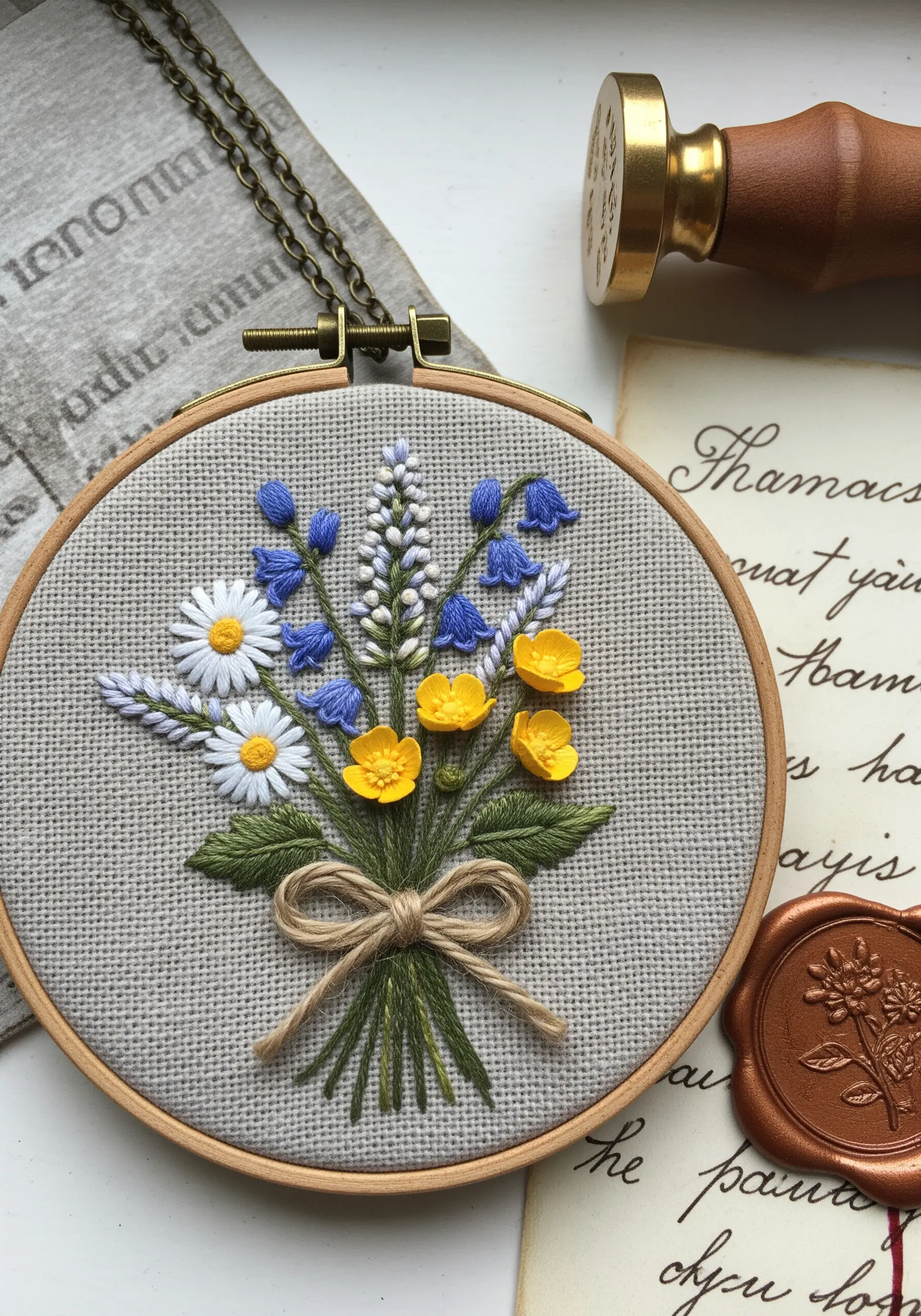 A miniature embroidered bouquet of various wildflowers tied with a twine bow.