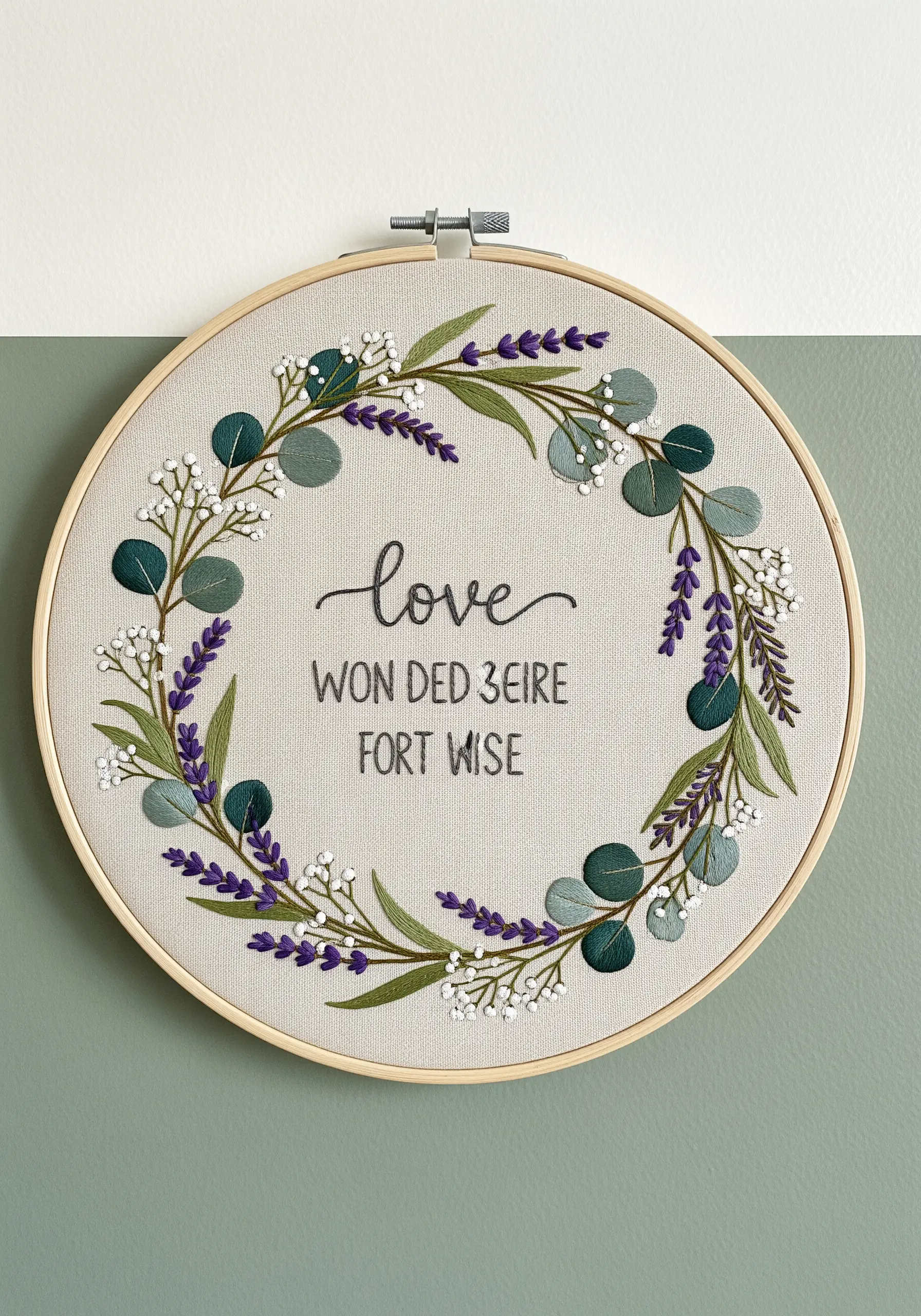 An embroidered wreath with eucalyptus, lavender, and the word 'love' in the center.