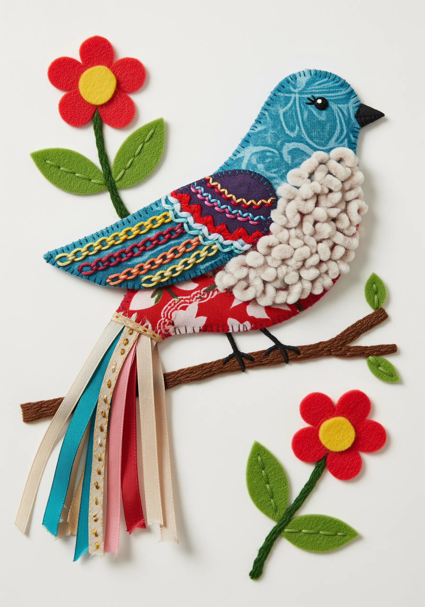 Appliqué bird made from patterned fabric scraps with a multi-colored ribbon tail.
