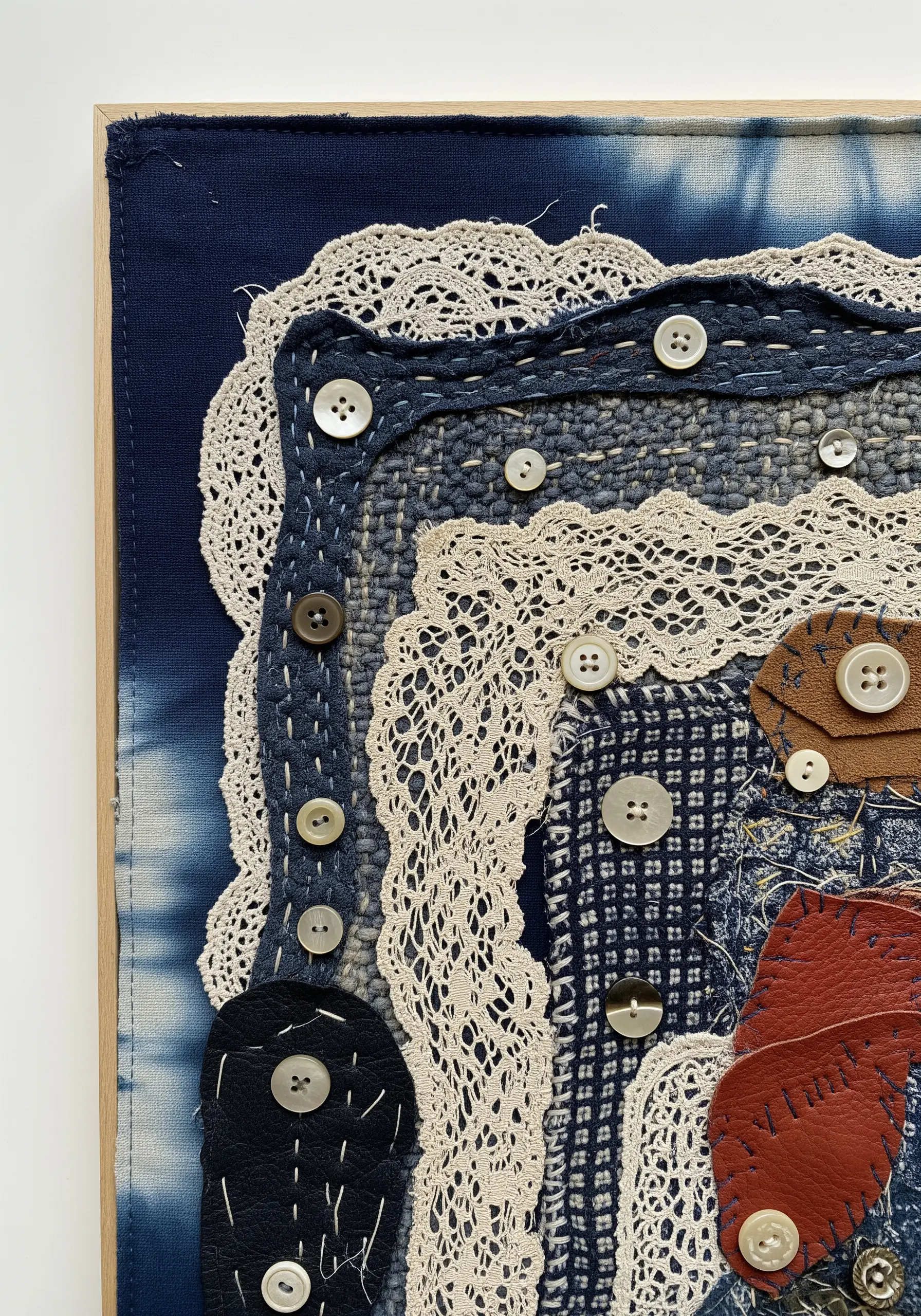 A mixed-media fabric collage with indigo-dyed cloth, lace, leather, and buttons.
