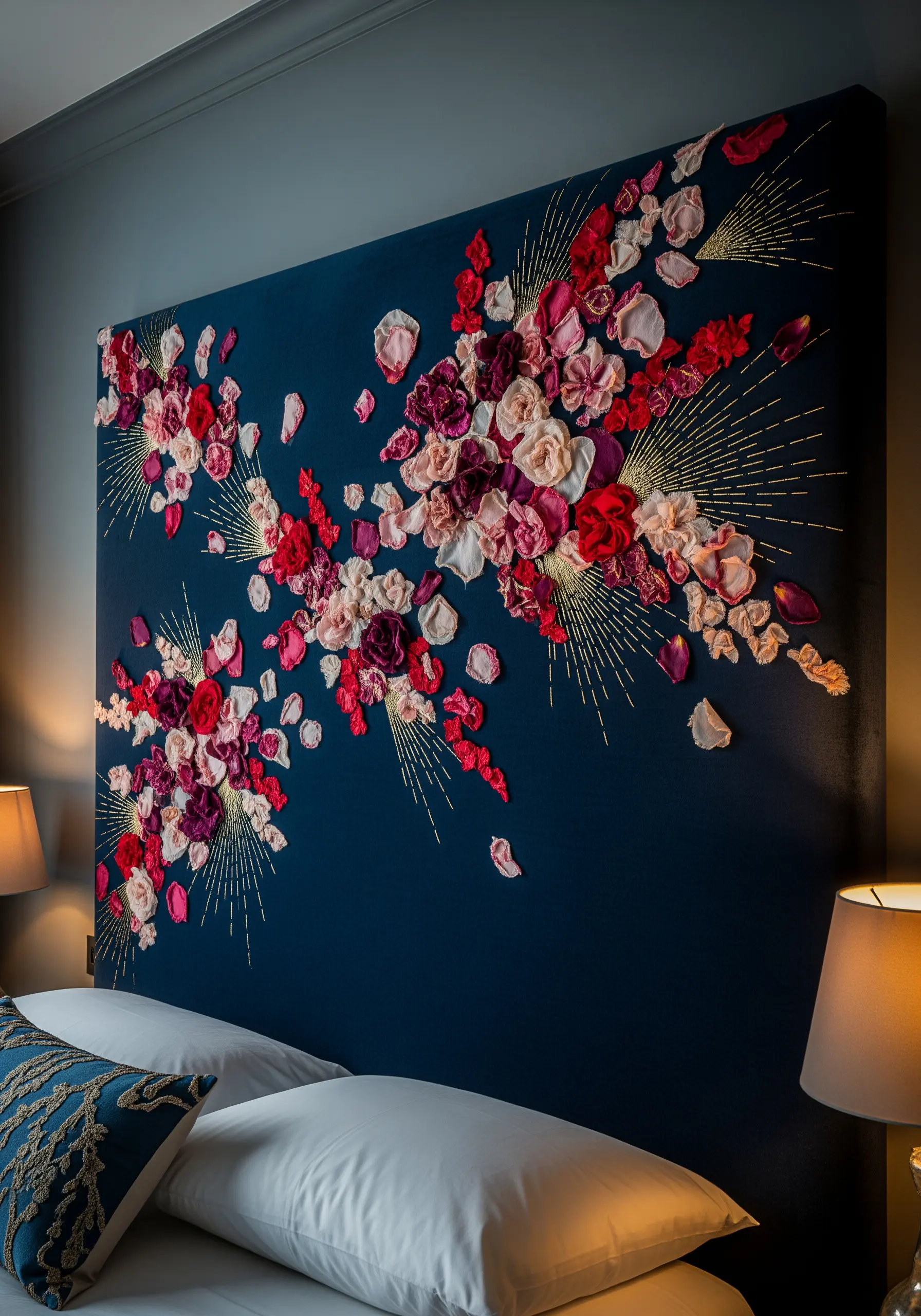 A large, dark blue headboard with an explosion of embroidered and appliquéd pink and red flowers.