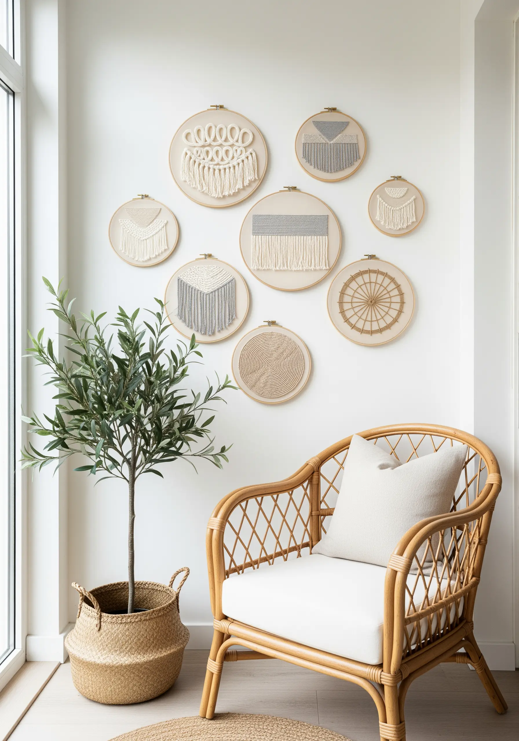 A gallery wall of eight embroidery hoops with various neutral-toned textures and macrame.