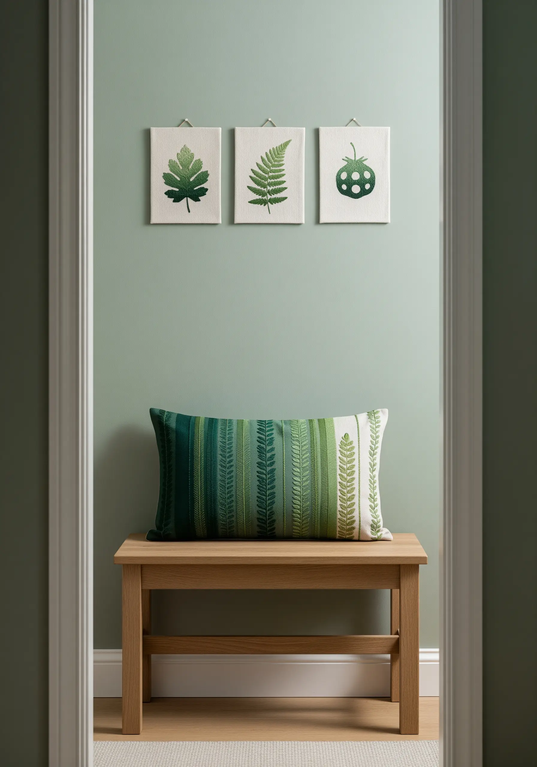 A lumbar pillow with vertical bands of green botanical embroidery, creating a gradient effect.