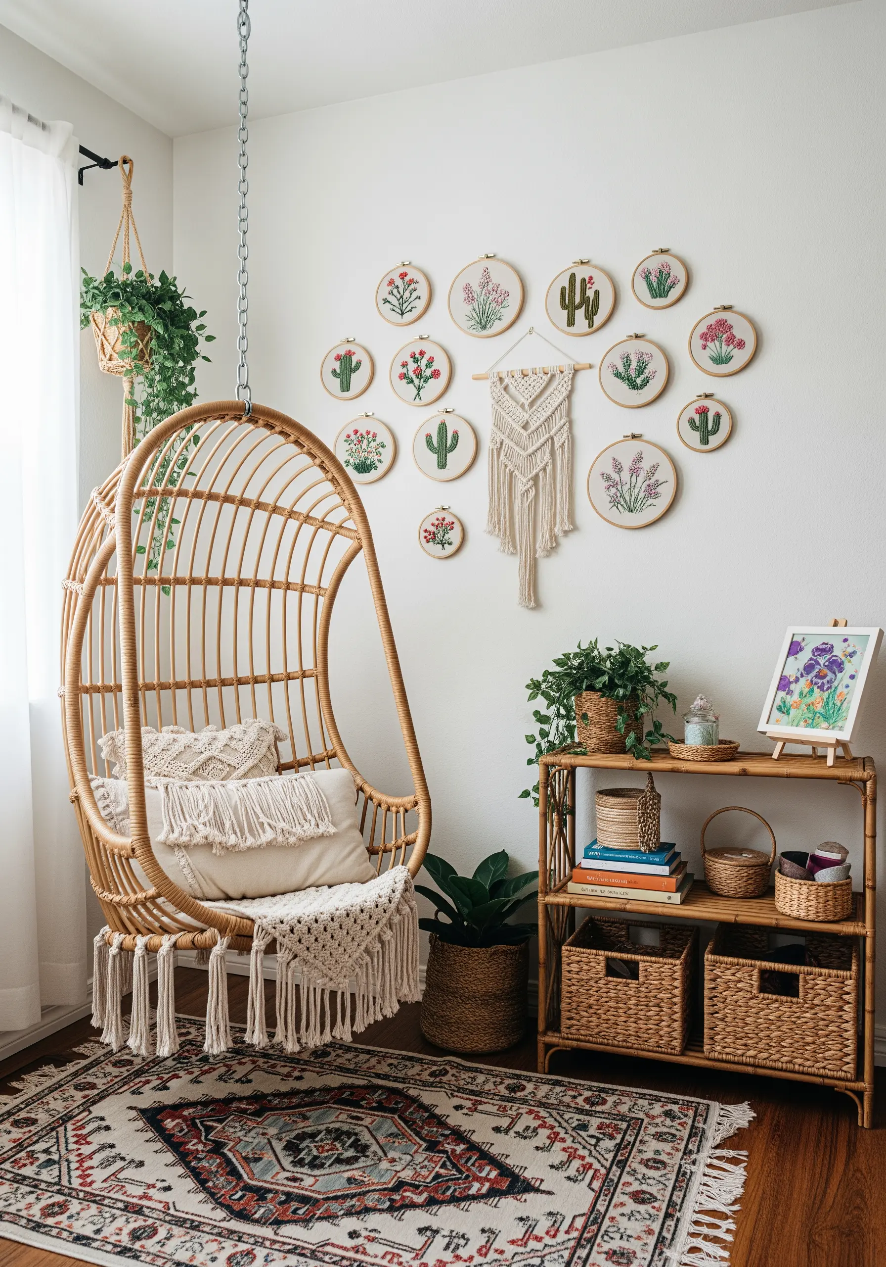 A large gallery wall of floral and cactus embroidery hoops surrounding a macrame hanging piece.