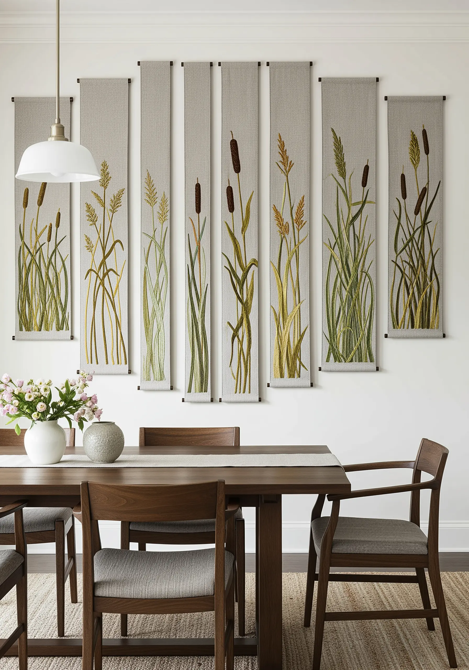 A series of long, vertical embroidered panels depicting marsh reeds and cattails.