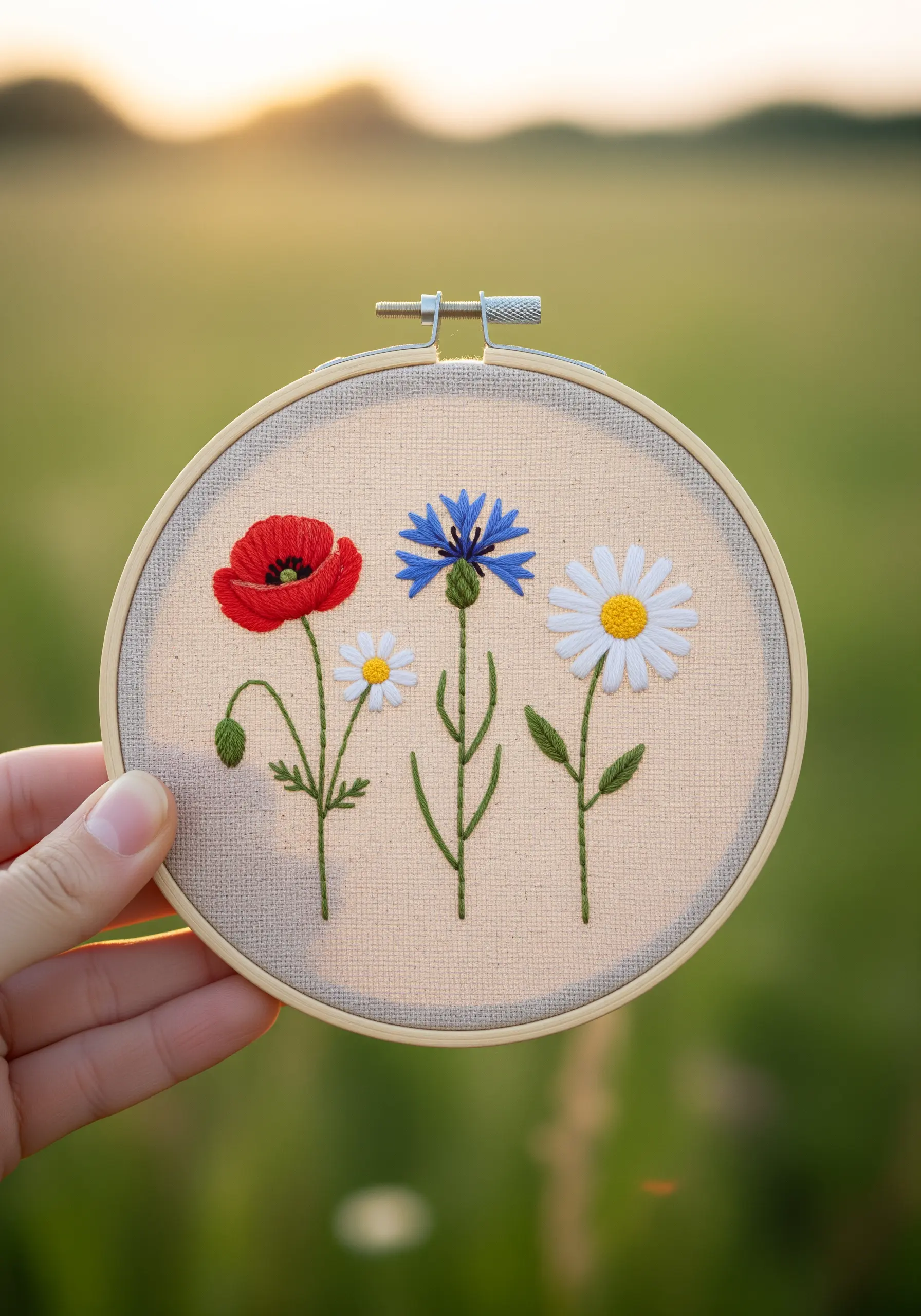 Embroidery of a poppy, cornflower, and daisy held against a sunset meadow background.