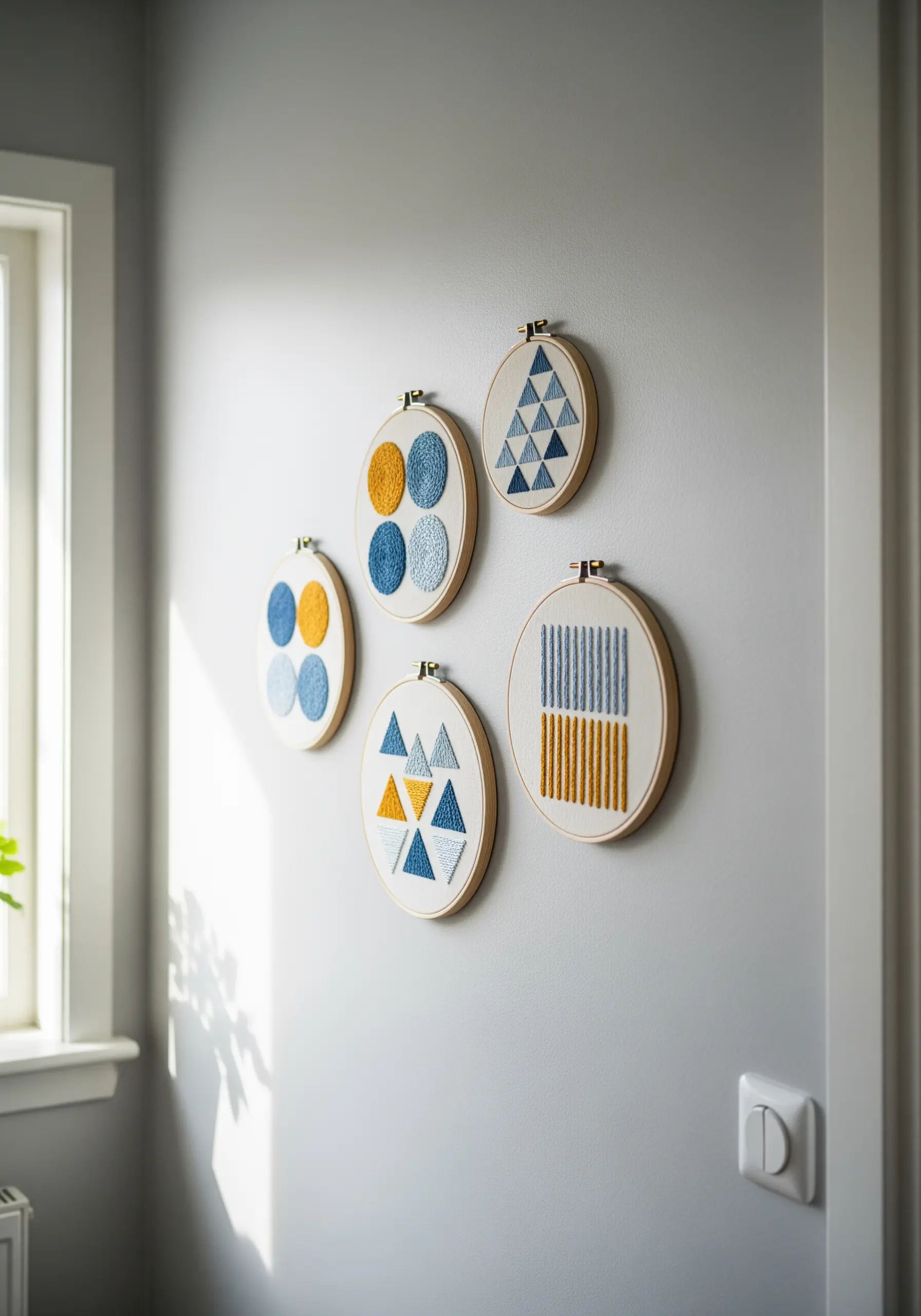 A collection of five small embroidery hoops with abstract geometric designs in blue, yellow, and grey.