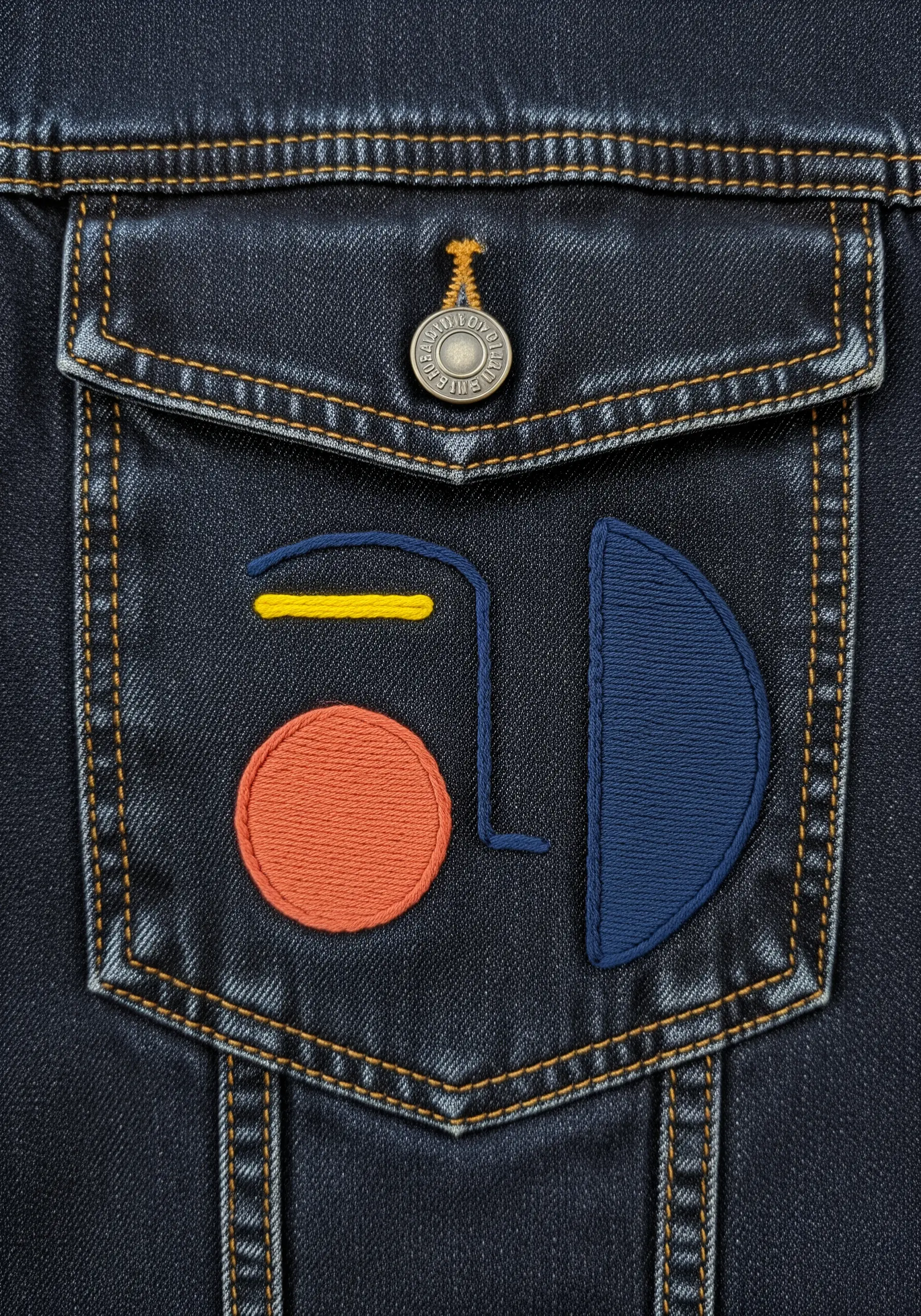 Minimalist abstract embroidery with satin stitch and line art on a denim jacket pocket.