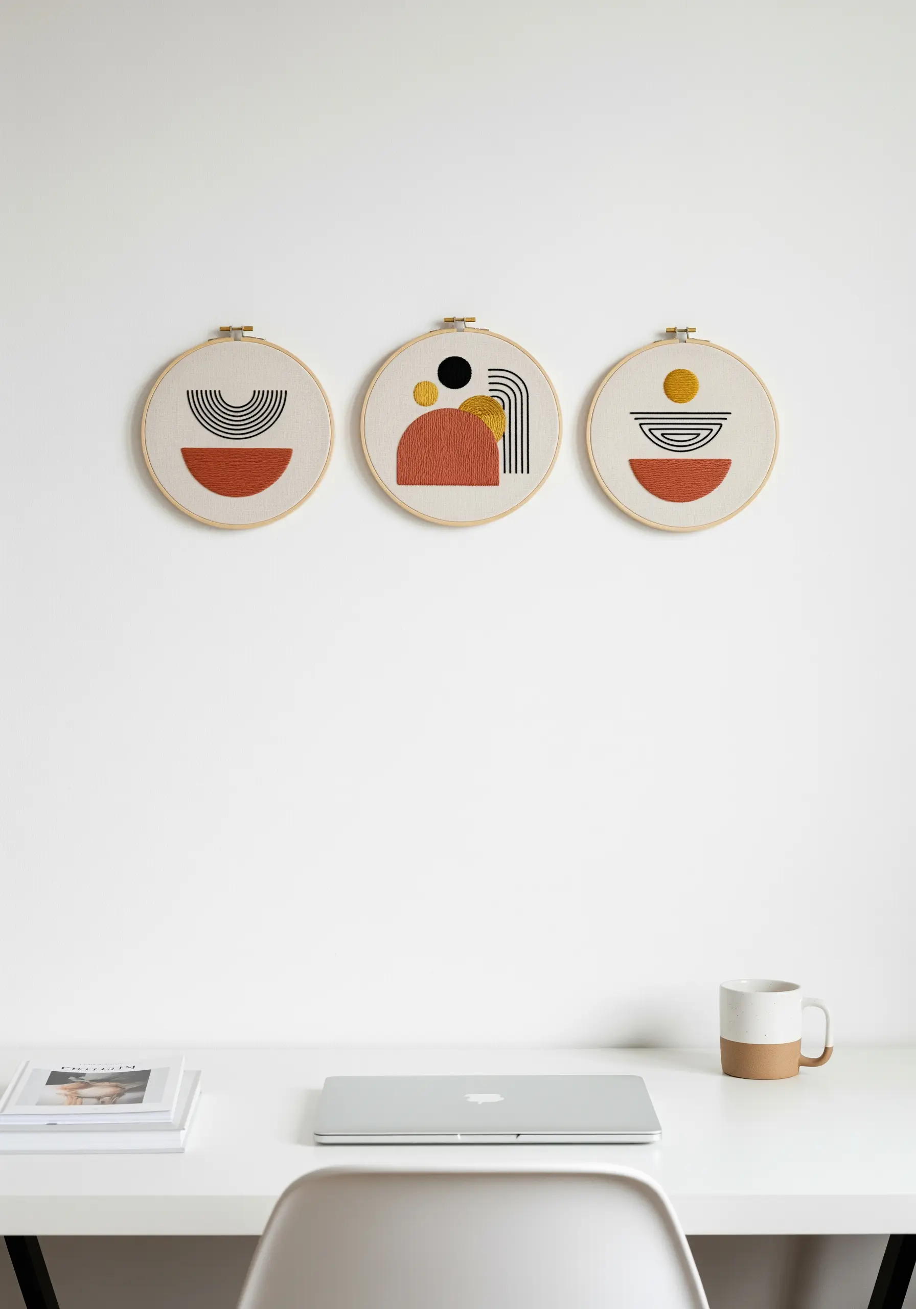 A trio of abstract embroidery hoops with geometric shapes in terracotta, black, and yellow.