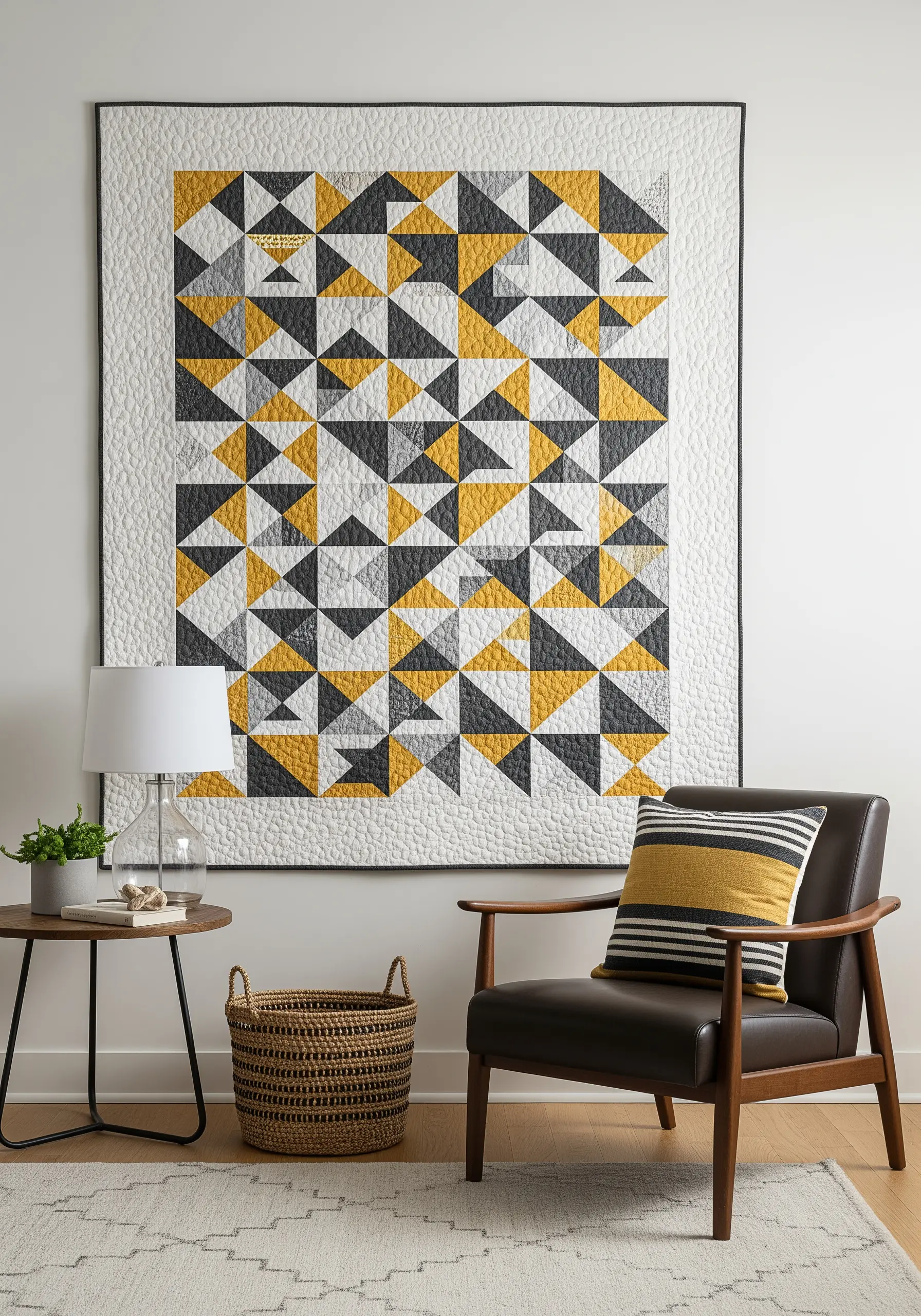 A large modern quilt with a geometric triangle pattern in yellow, black, and white.