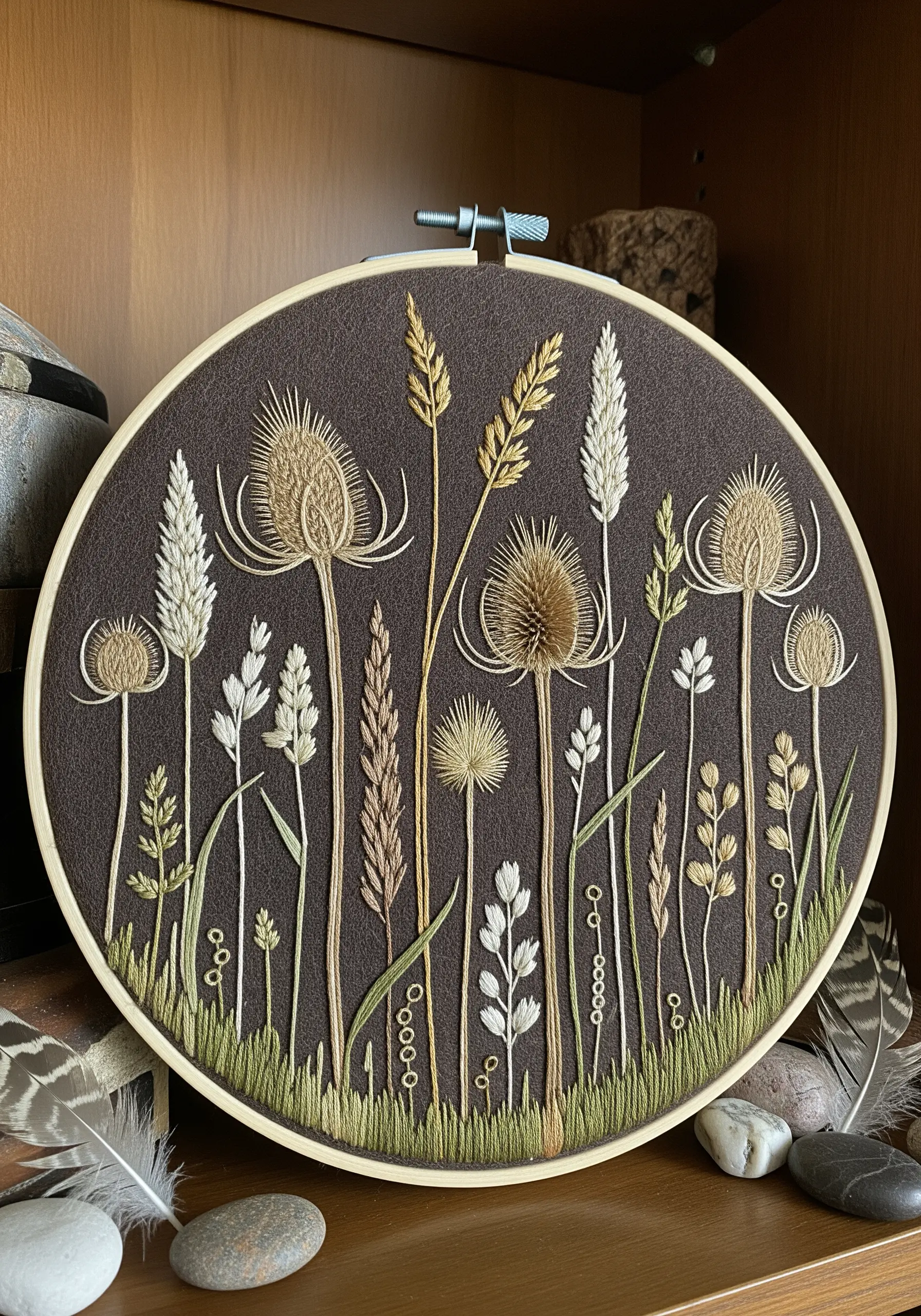 Embroidery of dried teasels and grasses on a dark brown fabric