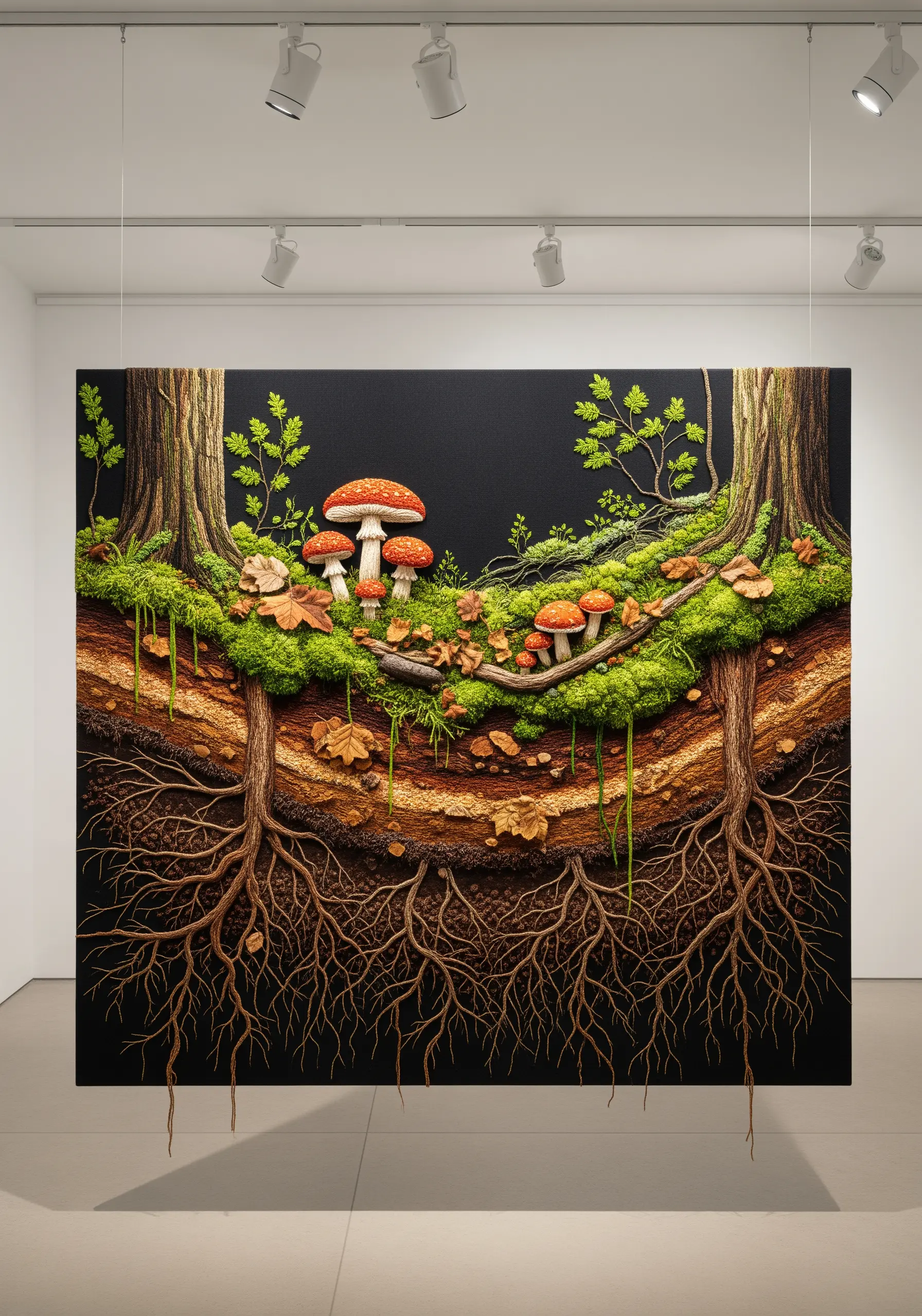 A large, complex embroidery installation depicting a forest cross-section with roots, moss, and mushrooms.