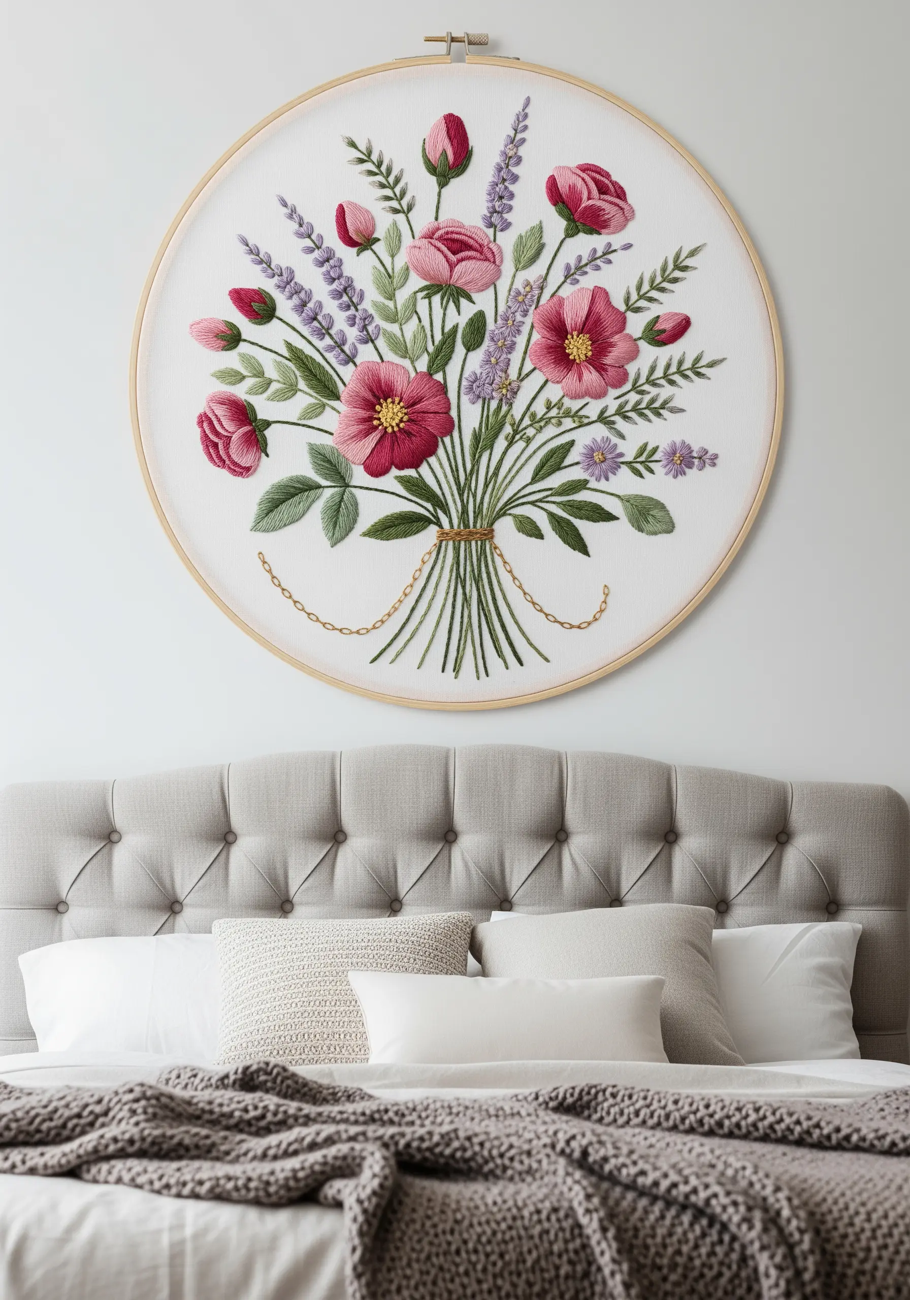 A large embroidery hoop with a lush bouquet of pink, red, and purple flowers.