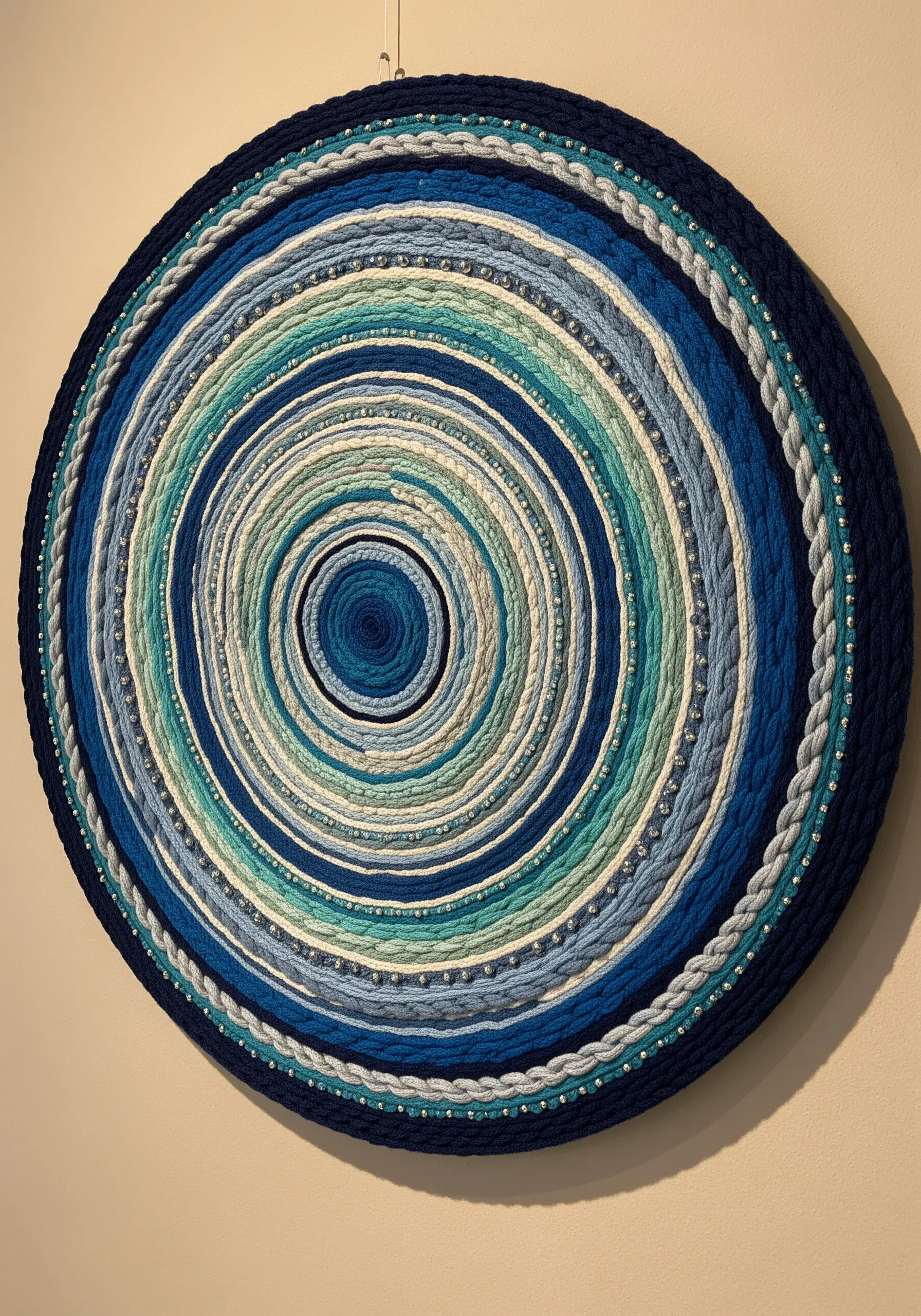 A circular wall hanging made of concentric rings of blue and white yarn, rope, and beads.