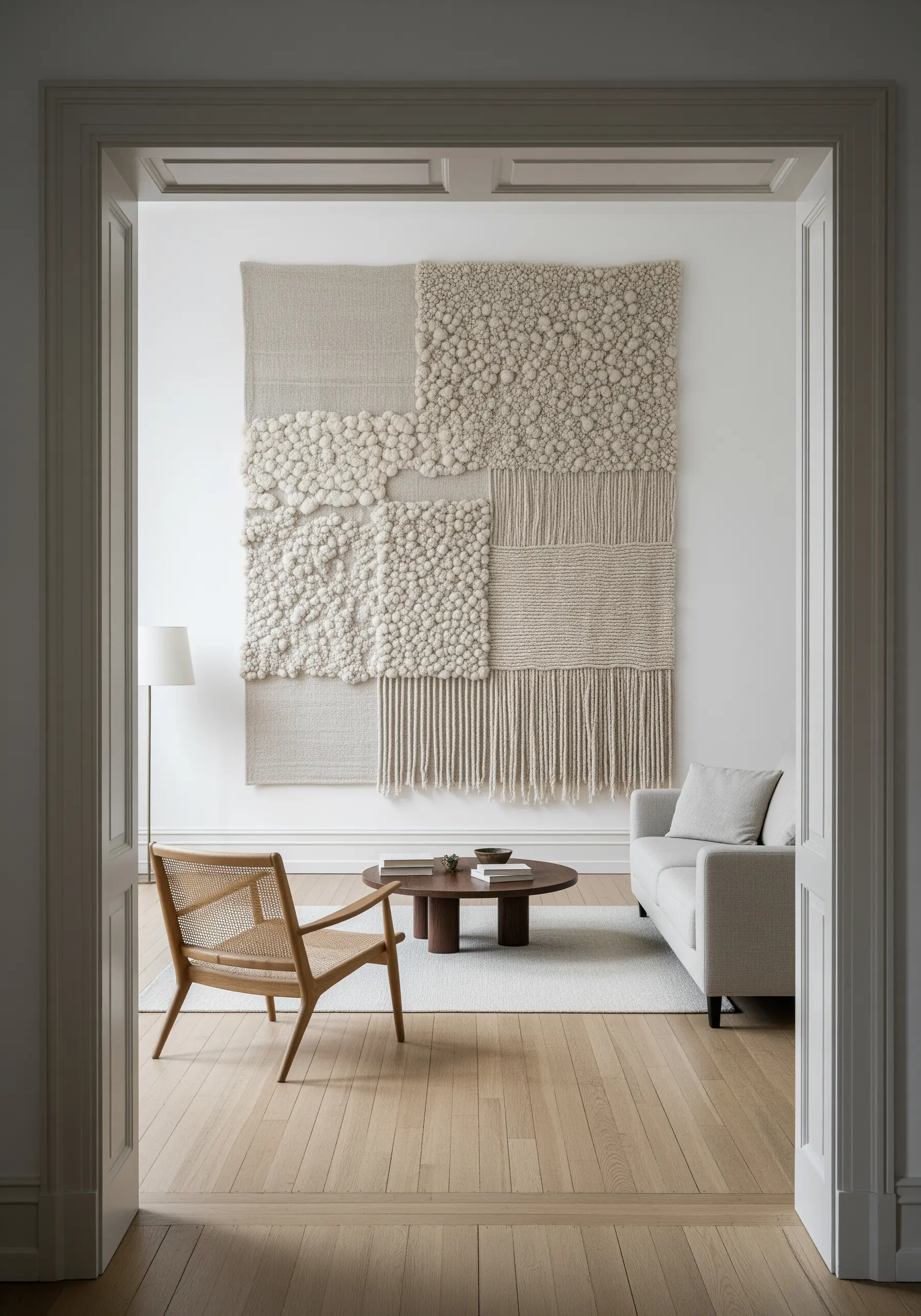 A large, textural wall hanging made of patched-together blocks of different neutral-toned embroidery.