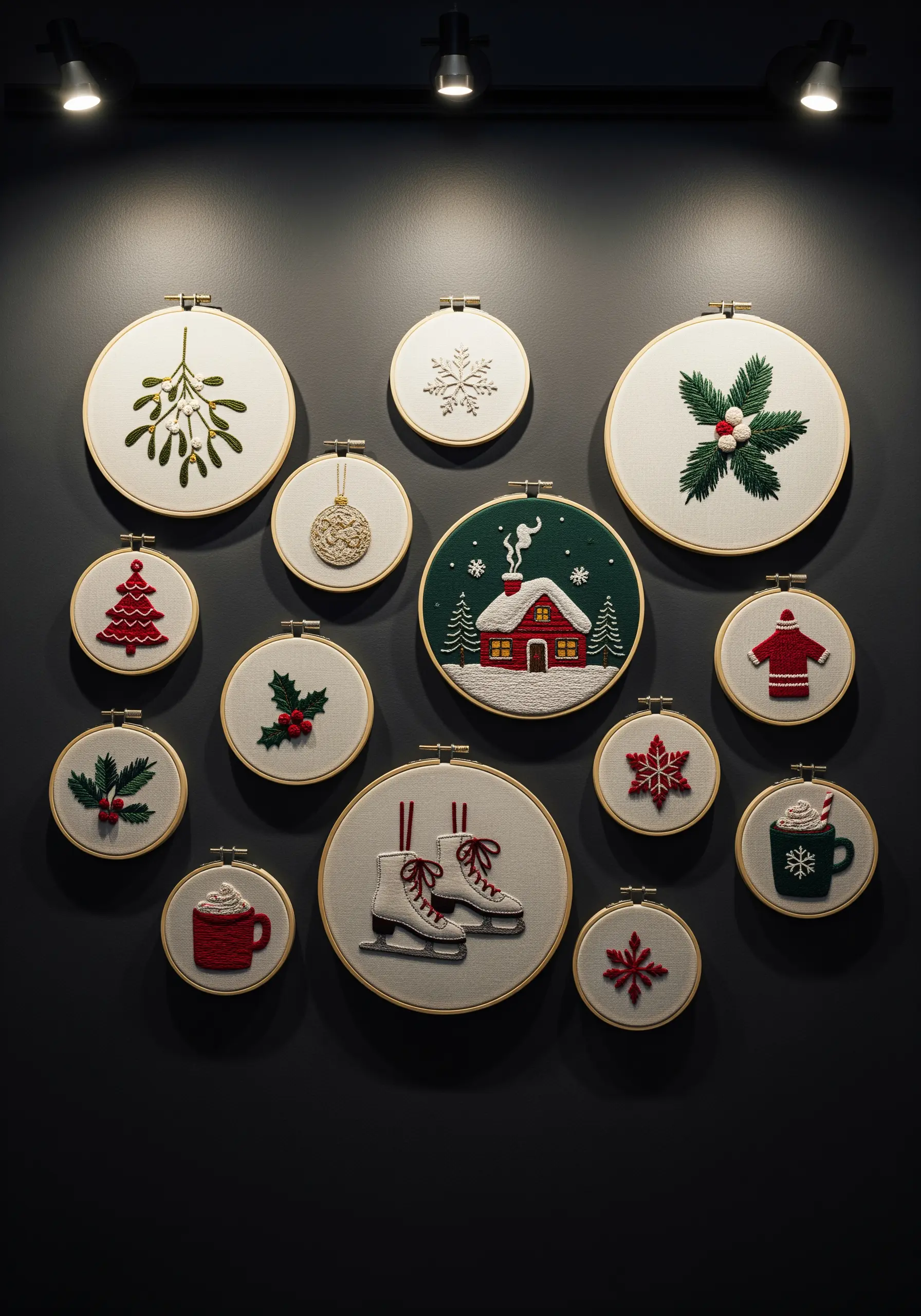 A gallery wall of various-sized embroidery hoops with festive motifs like a cabin and ice skates.