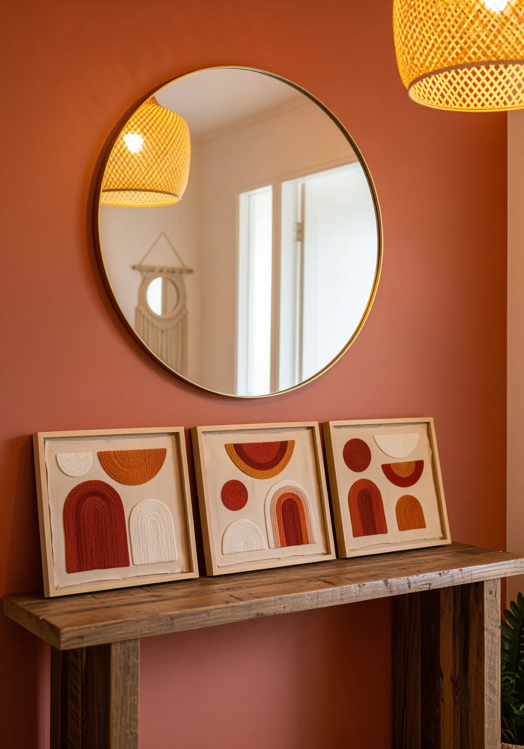 A set of three framed embroidery pieces with abstract shapes in terracotta and orange.