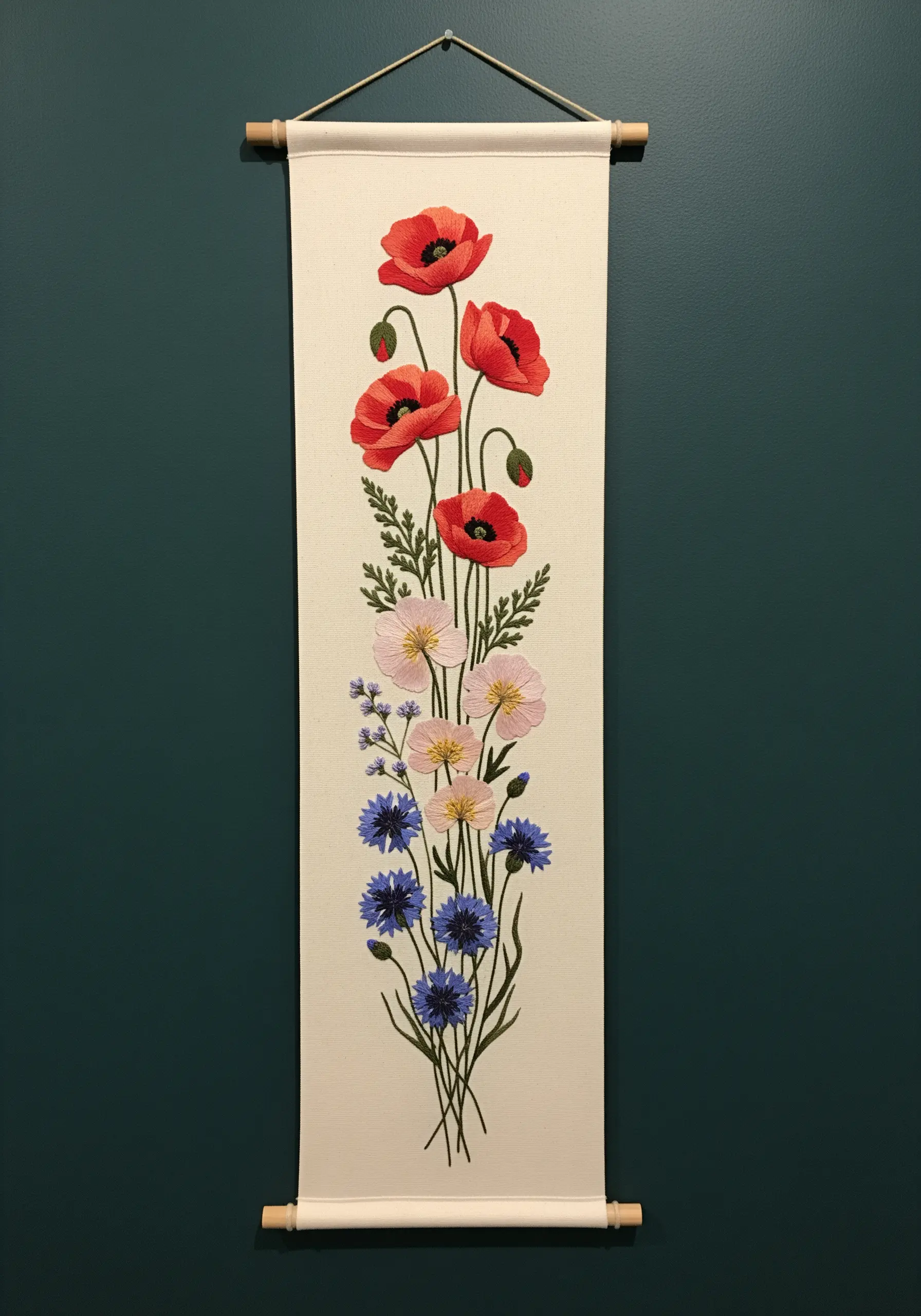 A tall, narrow wall hanging with an embroidered bouquet of poppies, cosmos, and cornflowers.