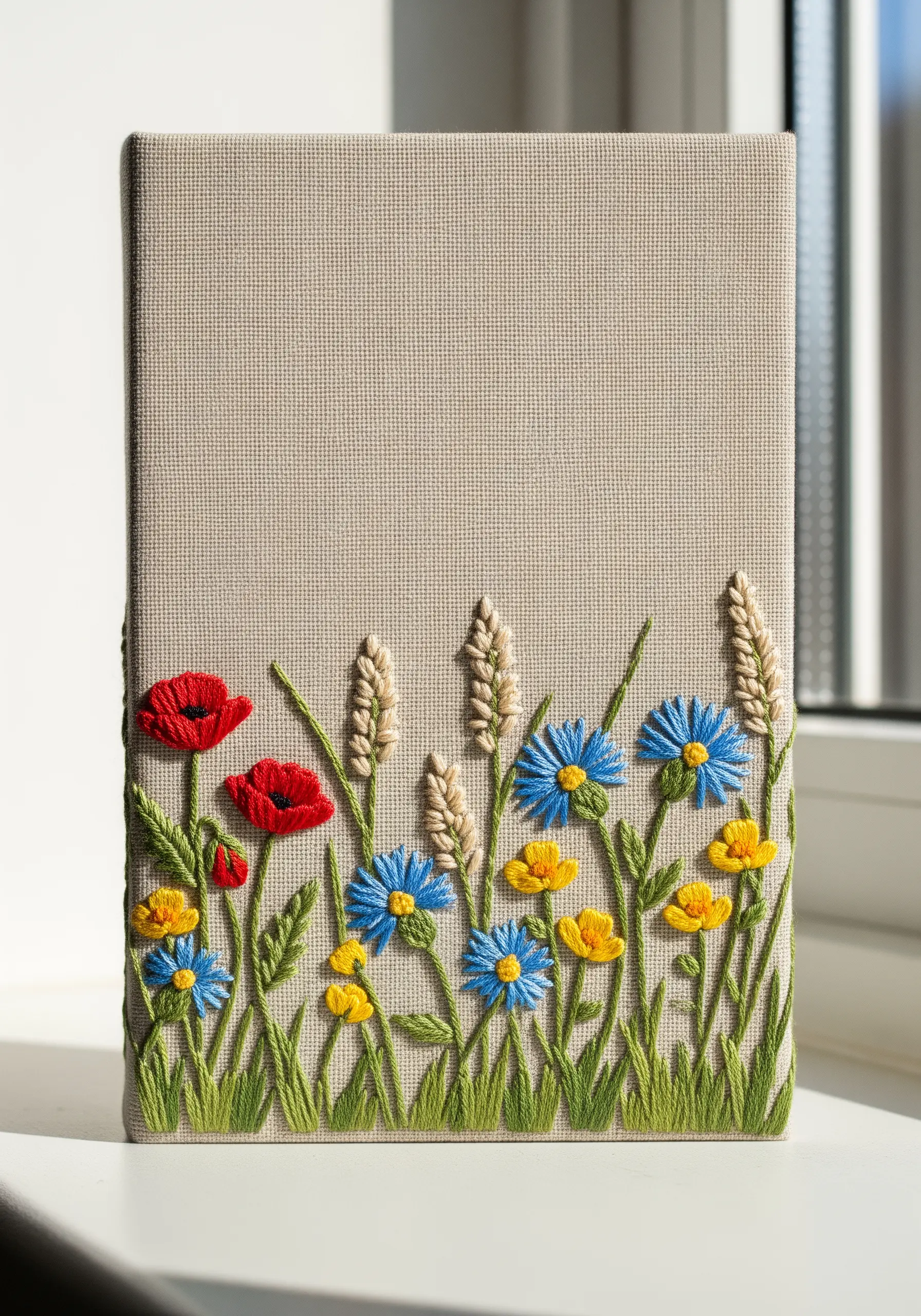 A vibrant wildflower scene with red, blue, and yellow flowers embroidered on stretched canvas.