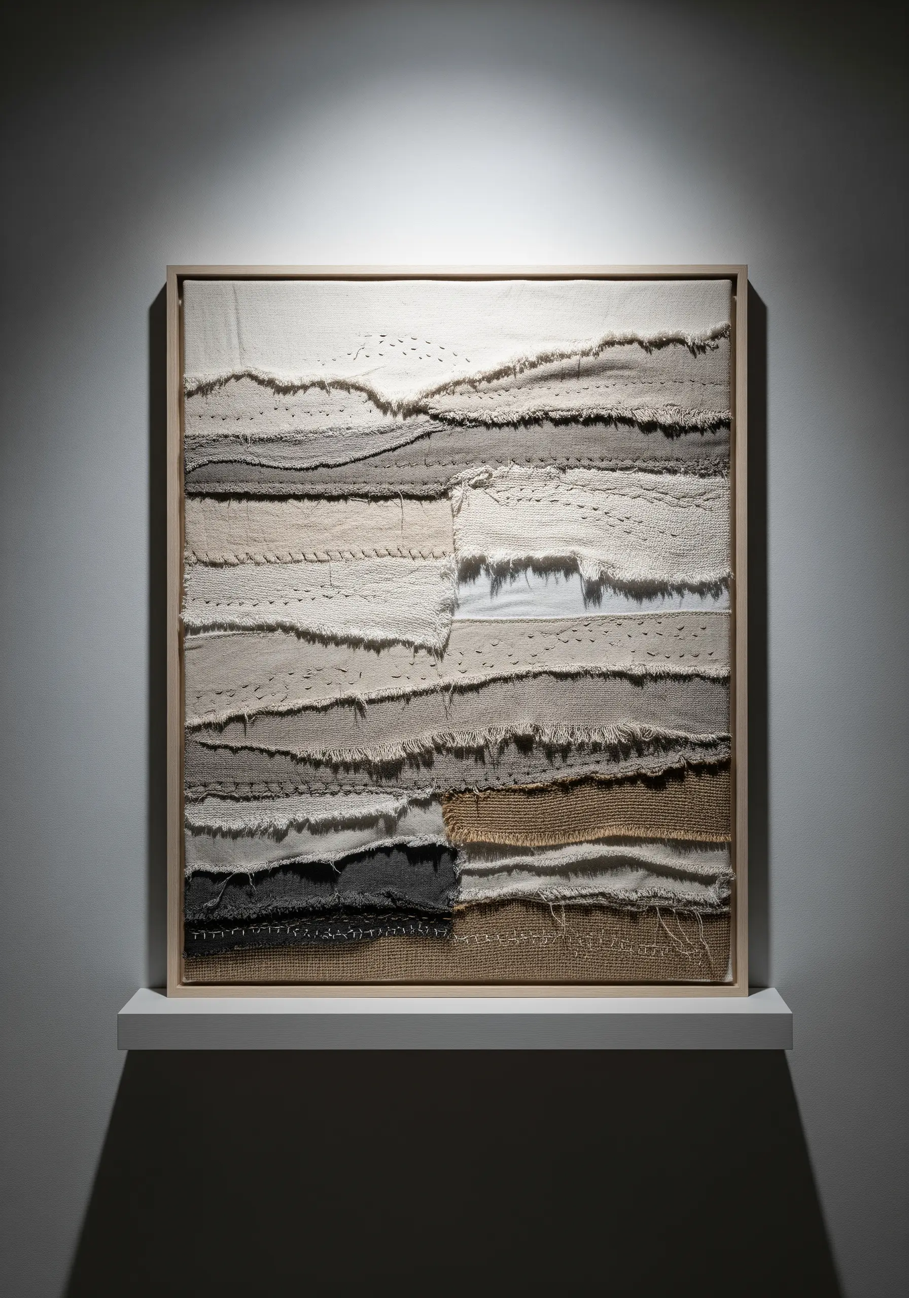 A framed piece of abstract textile art featuring layered strips of neutral-toned, textured fabrics.