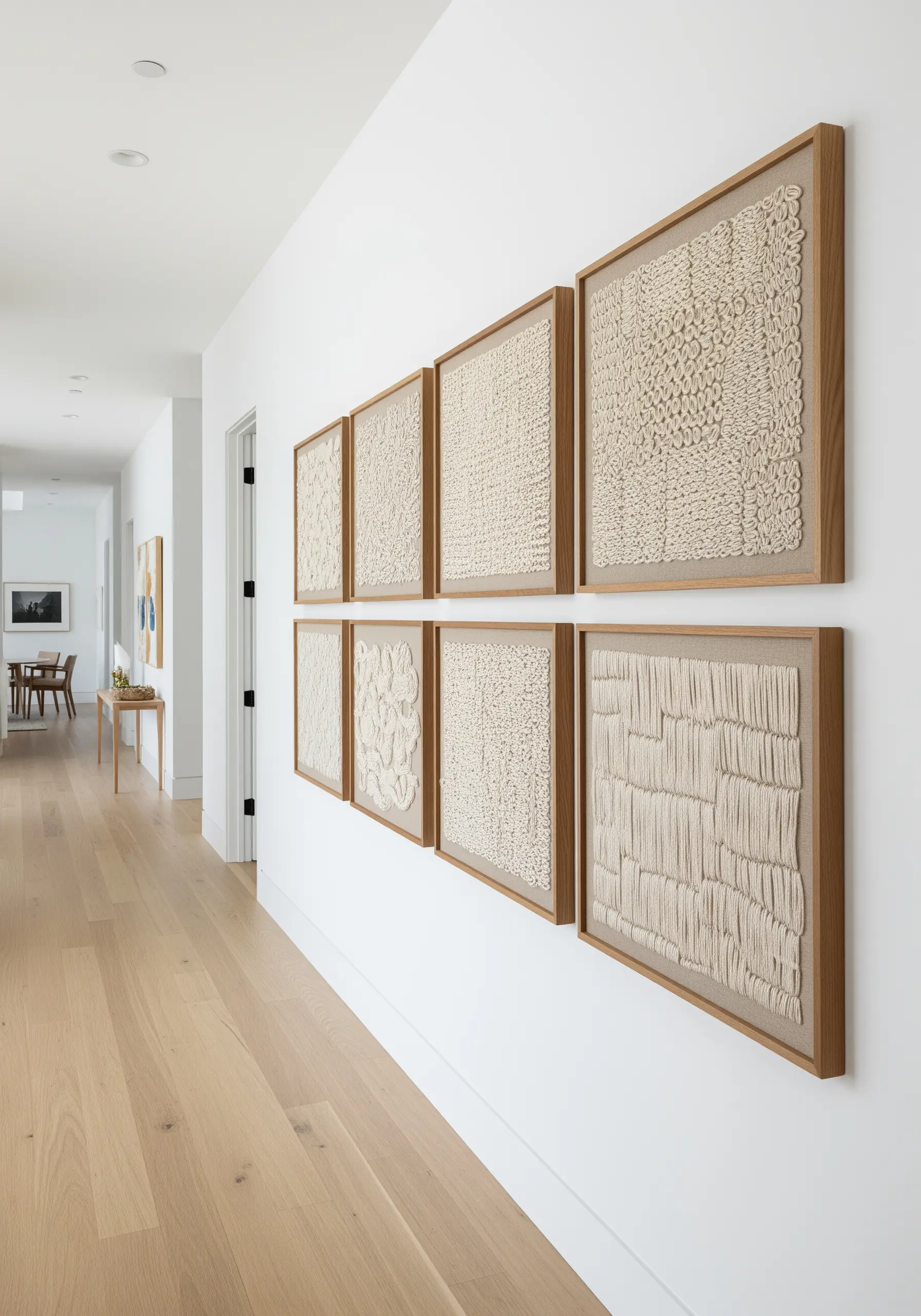 A gallery wall of framed textural embroidery using only off-white threads and knots.