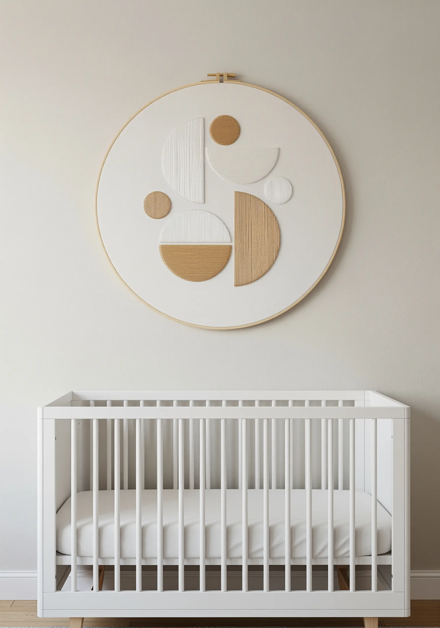 A large embroidery hoop with an abstract composition of geometric shapes in neutral tones