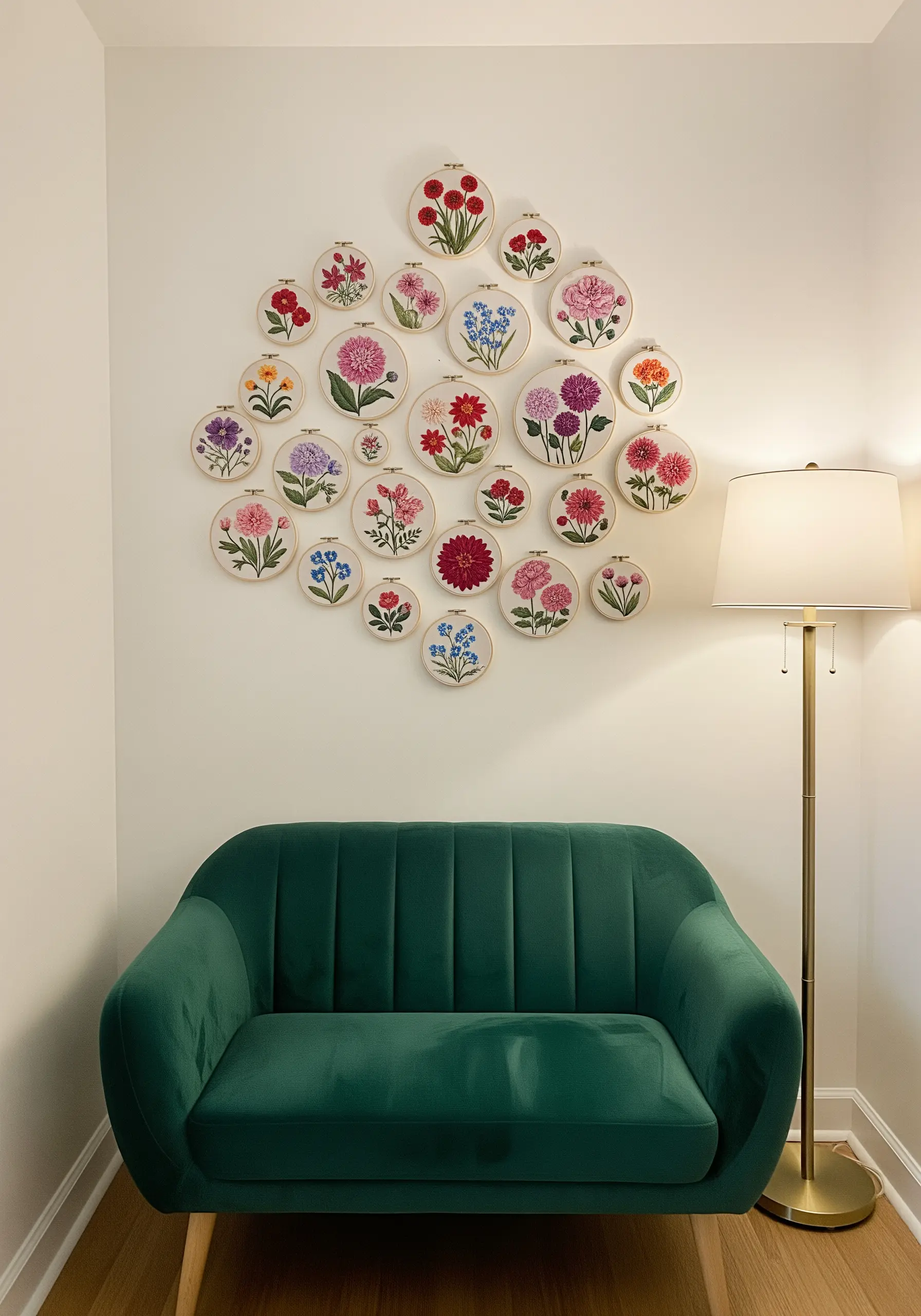 A large, cloud-like arrangement of floral embroidery hoops on a white wall above a green sofa.