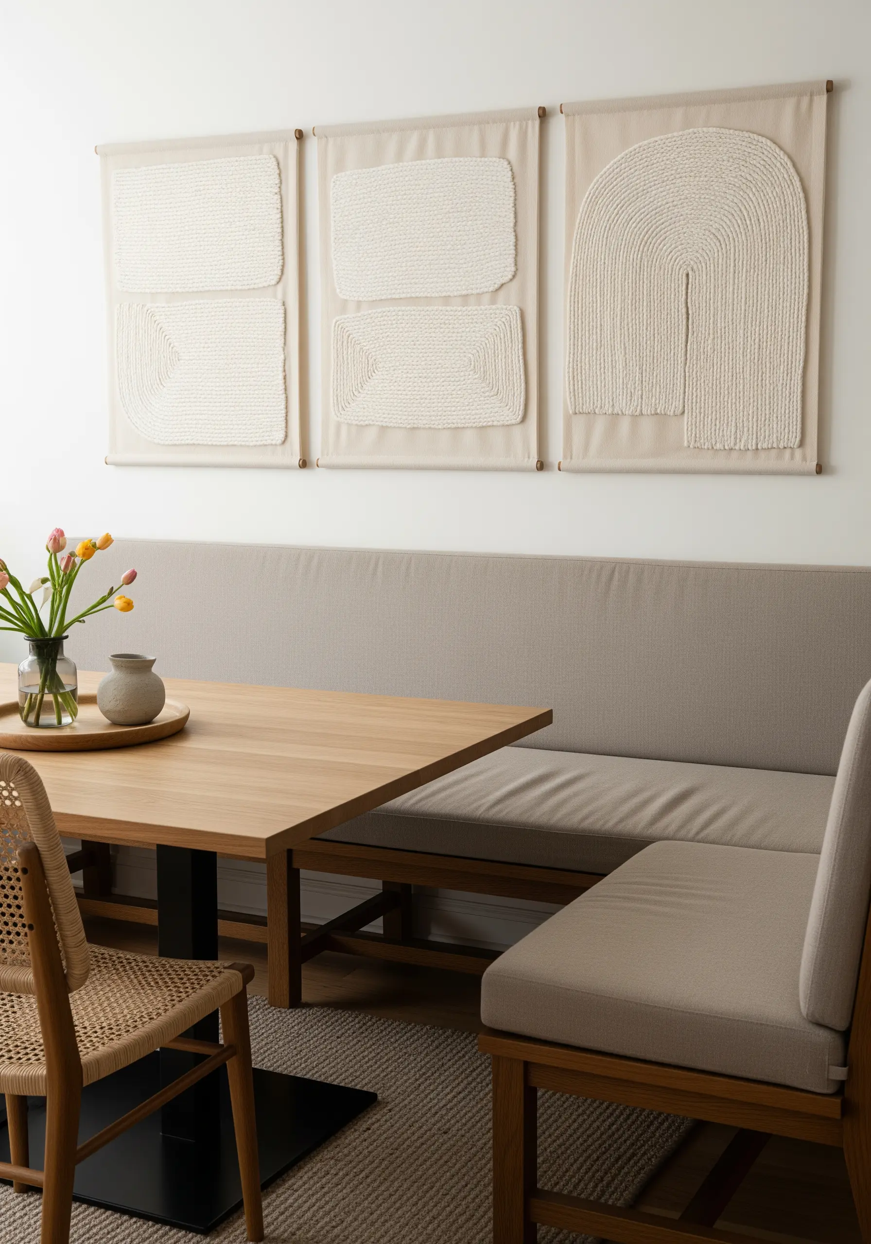 A triptych of wall panels with large, raised, woven-textured shapes in cream yarn
