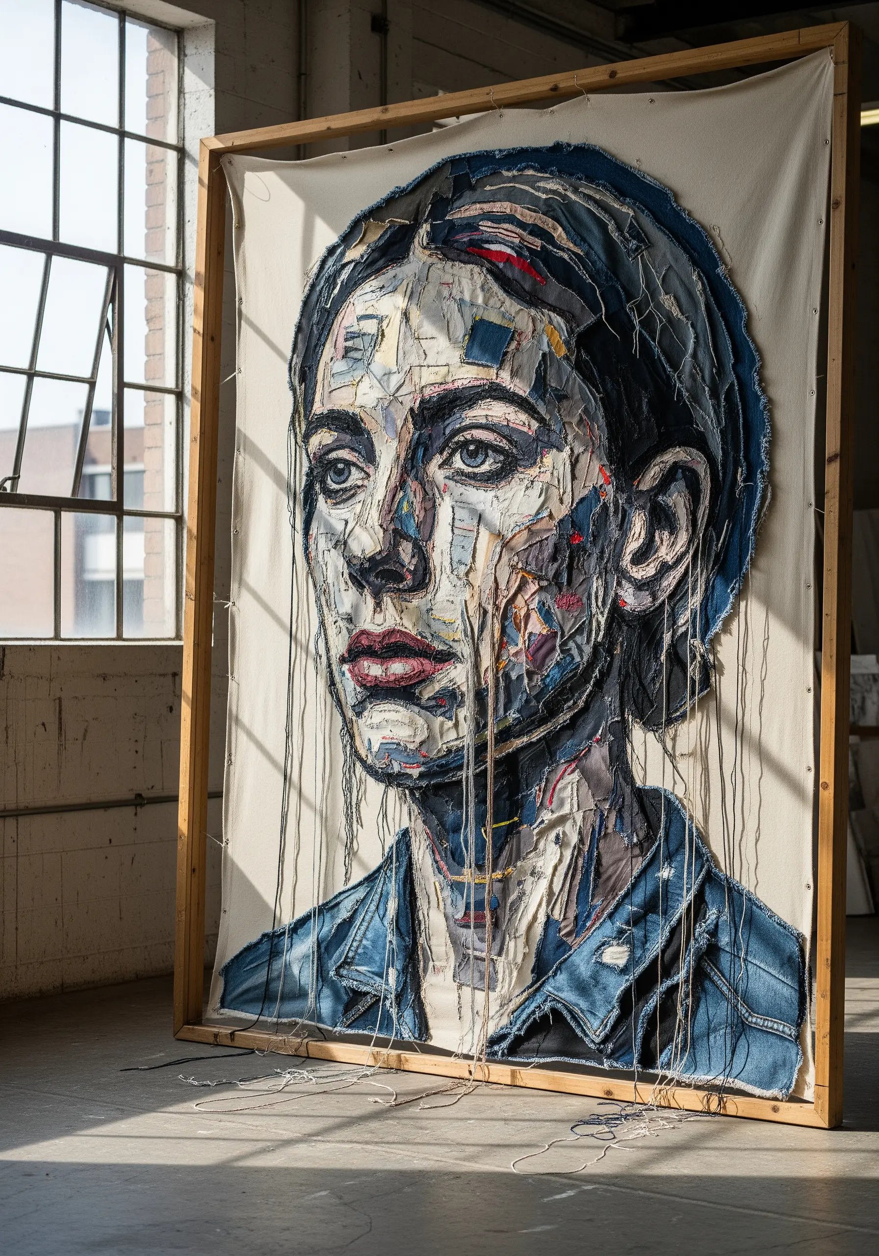 A large-scale portrait made from a collage of deconstructed denim and fabric scraps.