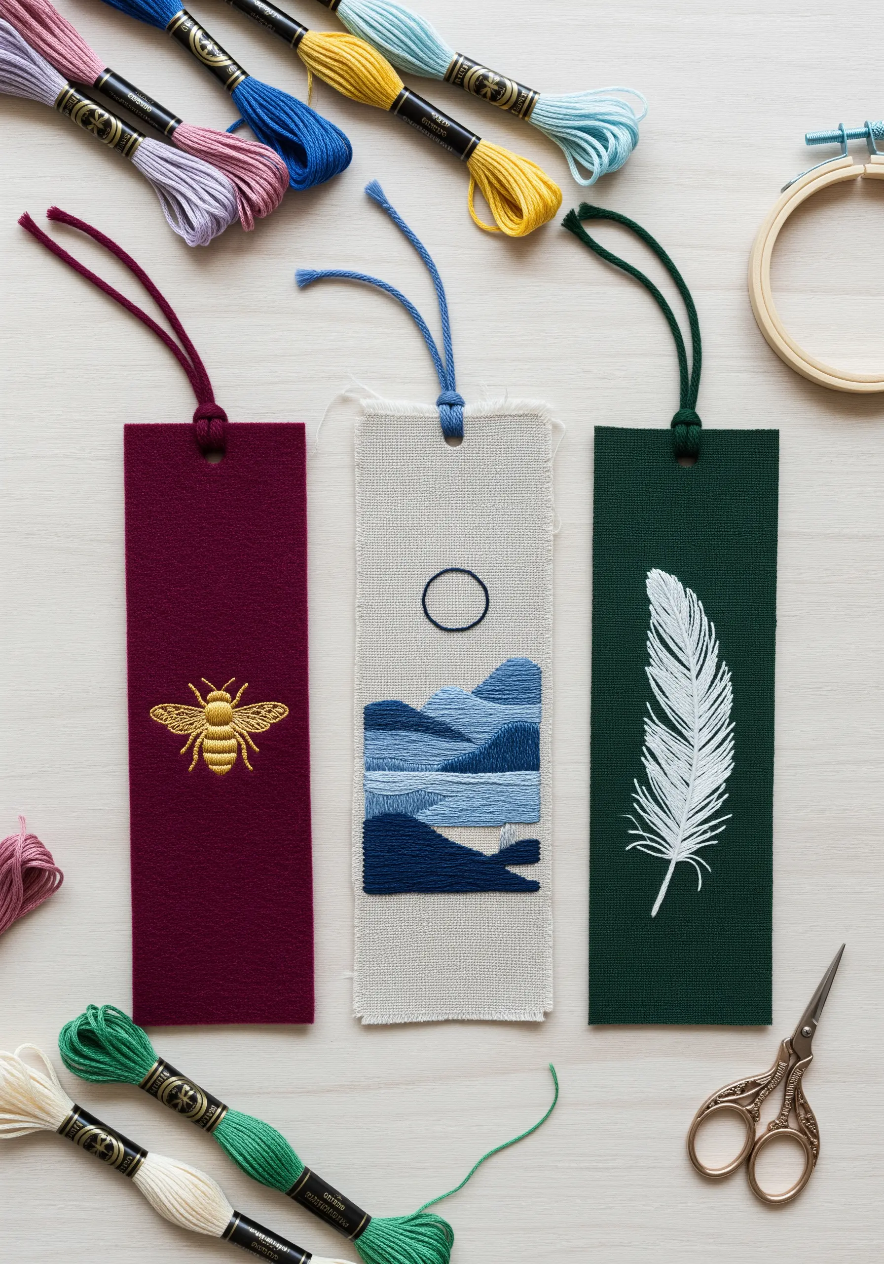 Three embroidered bookmarks: a gold bee, a blue mountain landscape, and a white feather.