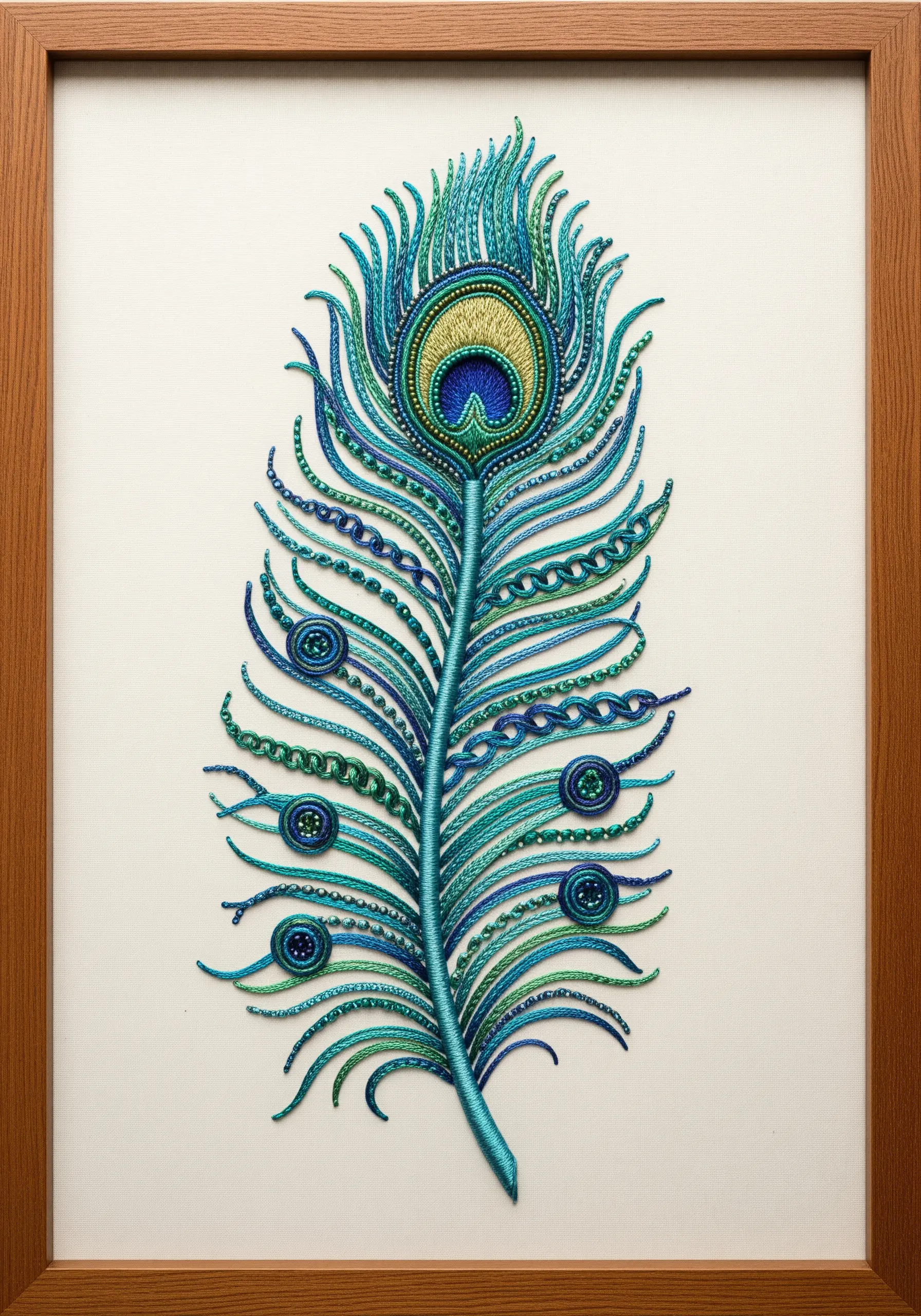 An intricately embroidered peacock feather using beads, satin stitch, and couched metallic thread.