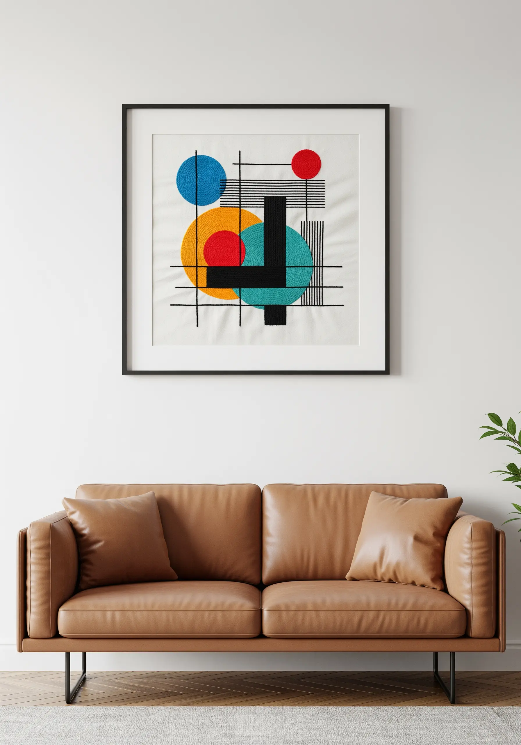 A framed Bauhaus-inspired embroidery with circles, lines, and bold colors.