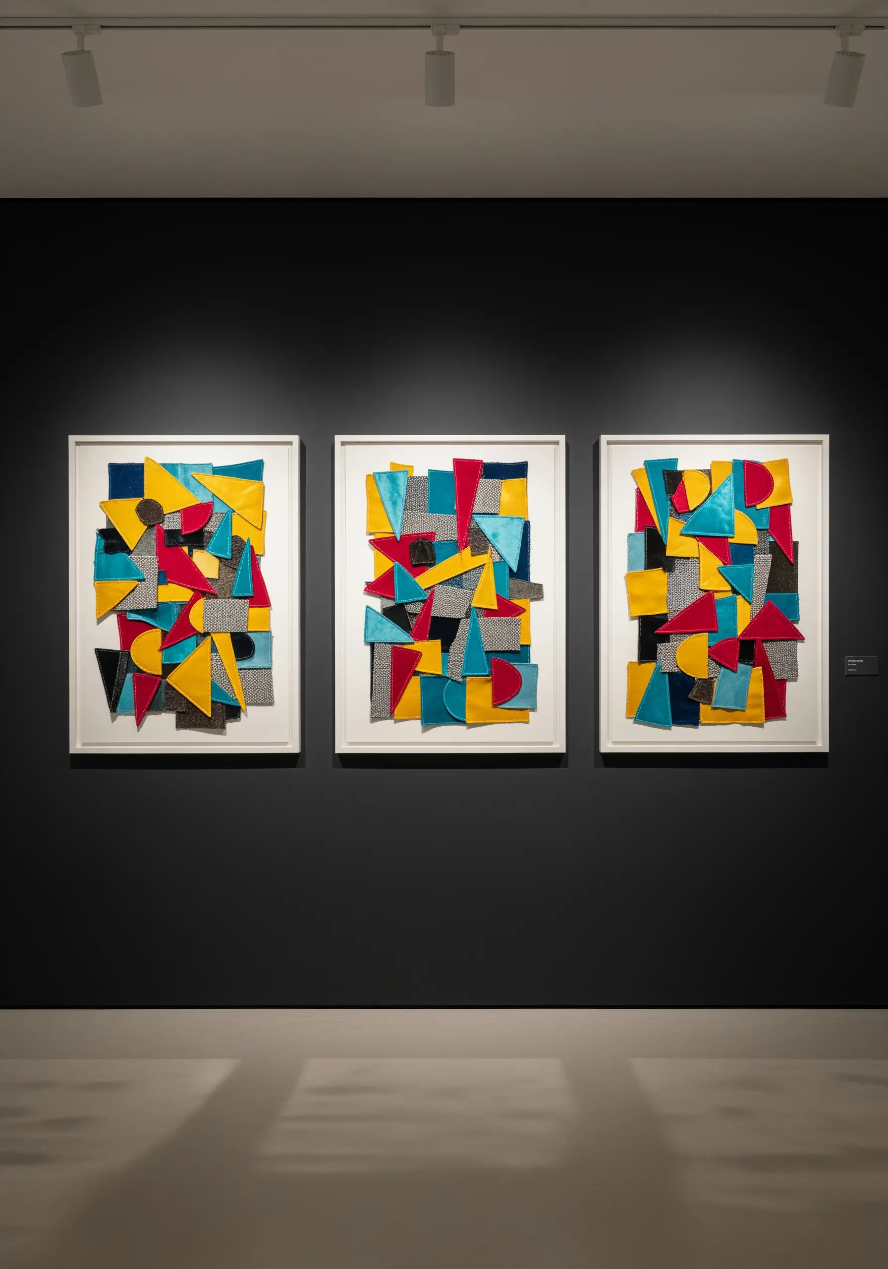 Triptych of framed abstract art using colorful geometric fabric scraps.