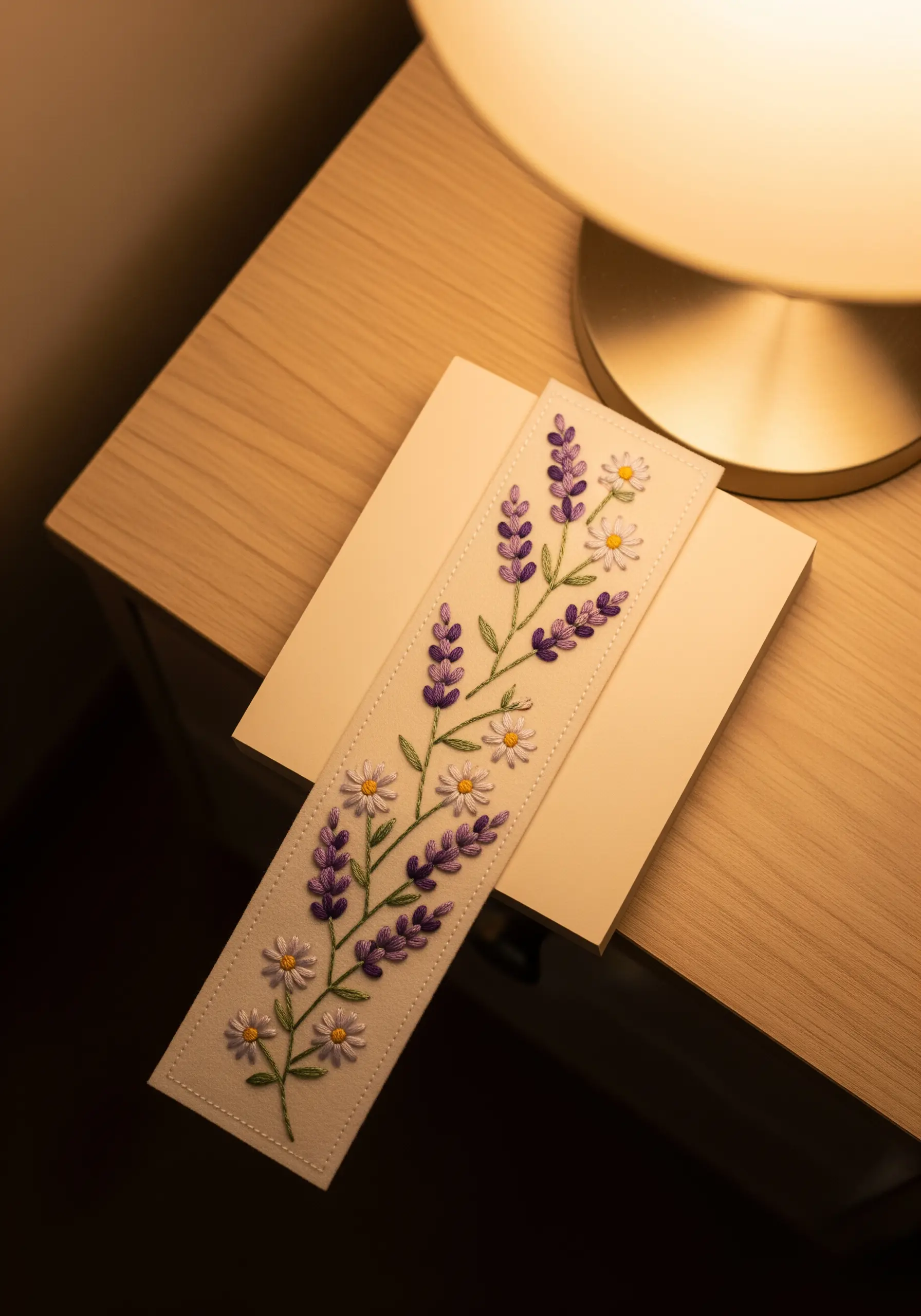 Embroidered bookmark with lavender and daisy motifs, showing balanced vertical composition.