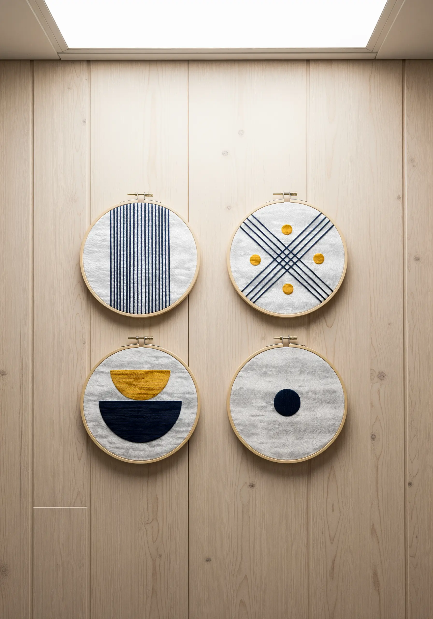 Four embroidery hoops with minimalist Scandinavian designs in navy and yellow on white fabric.